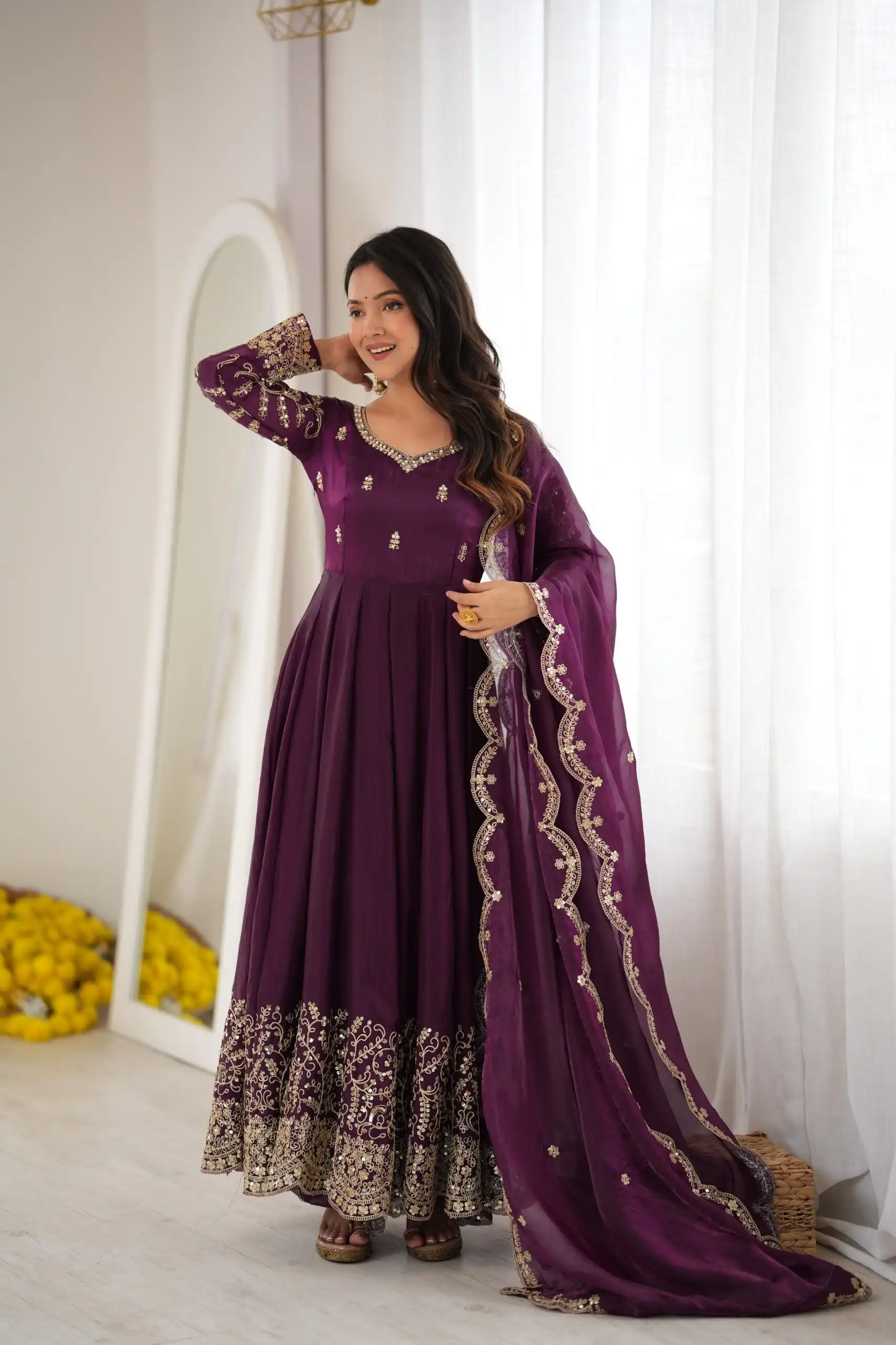 Fancy Wine Fendy Silk Embroider Sequins Work Gown - Image 5
