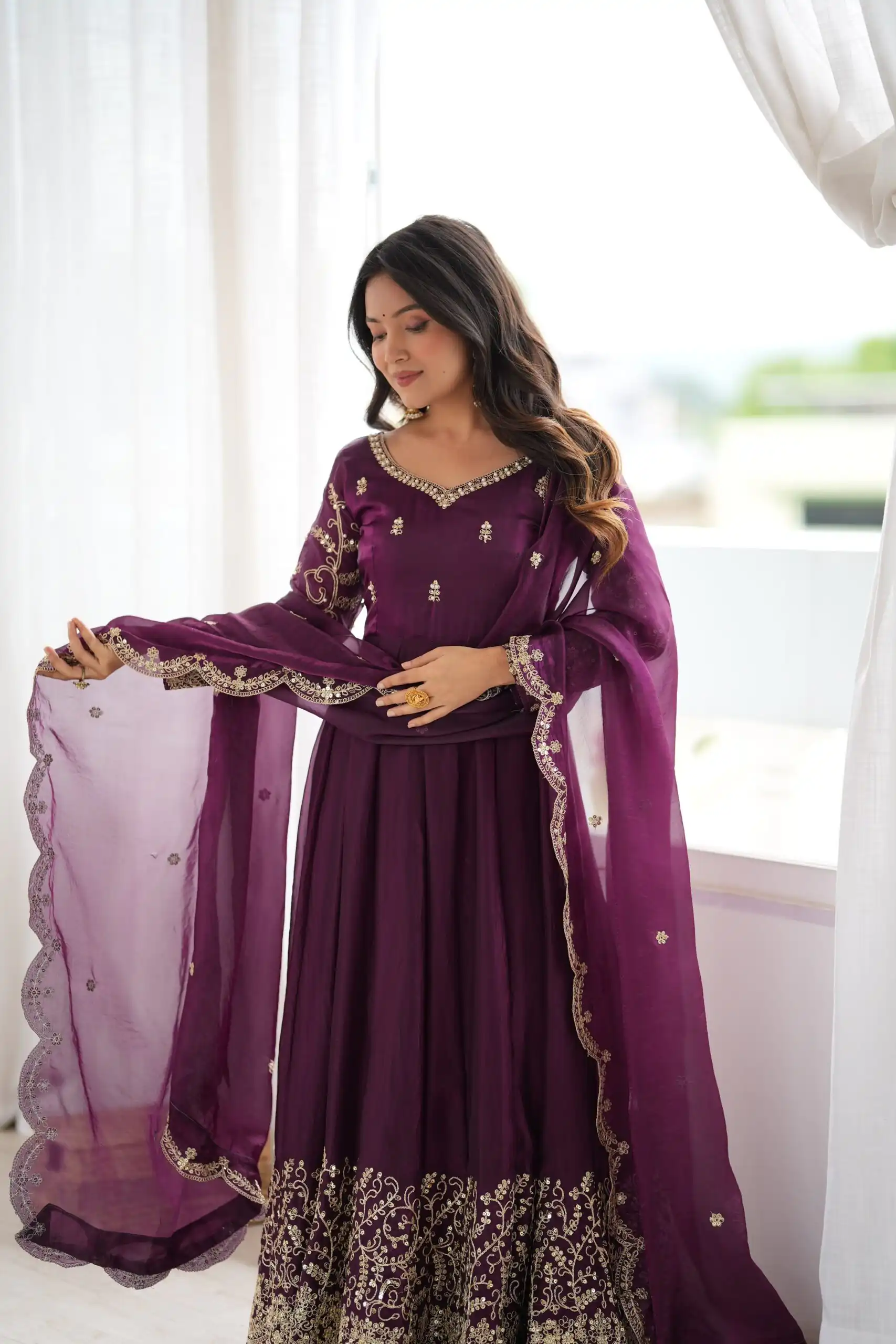 Fancy Wine Fendy Silk Embroider Sequins Work Gown - Image 3