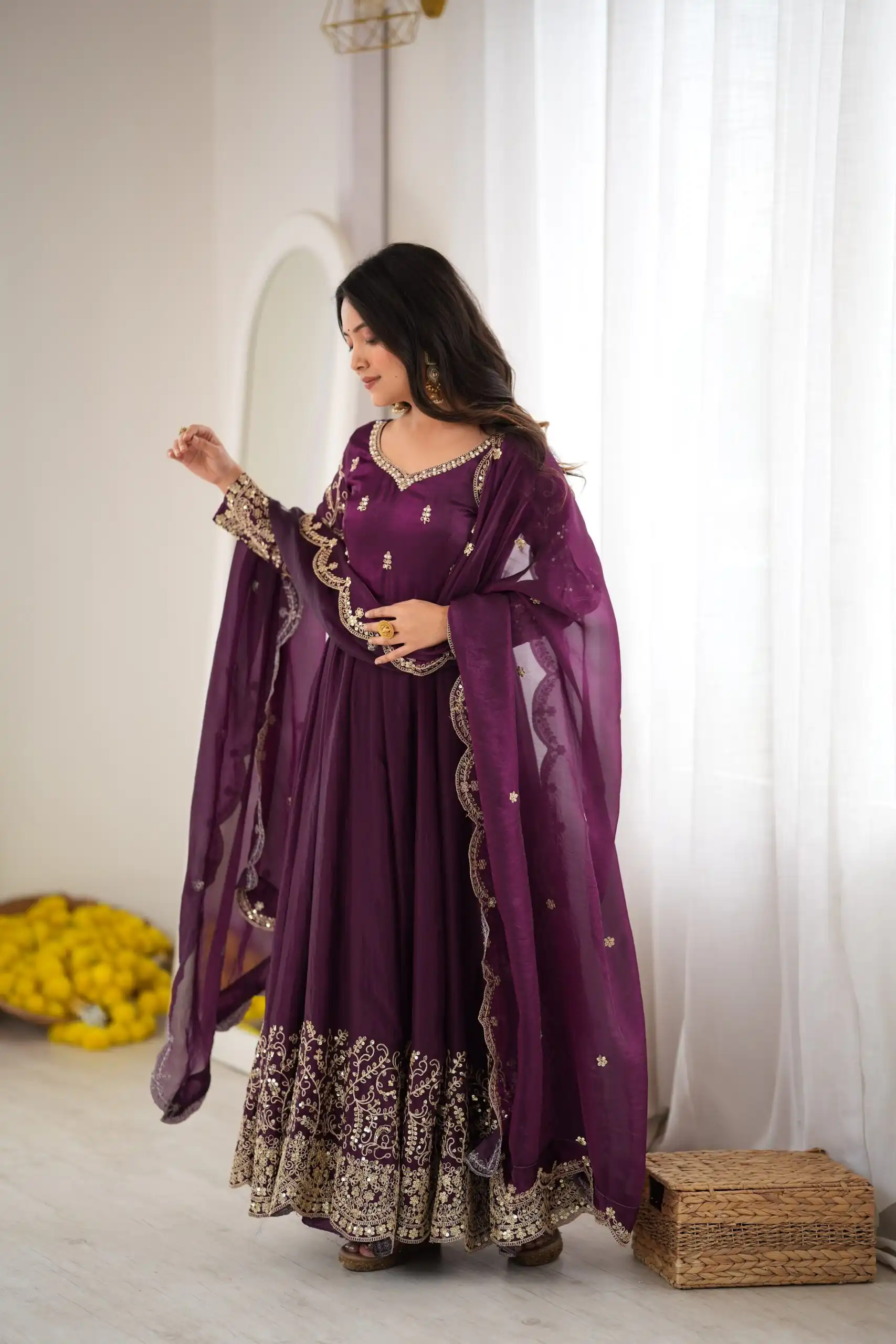 Fancy Wine Fendy Silk Embroider Sequins Work Gown - Image 2