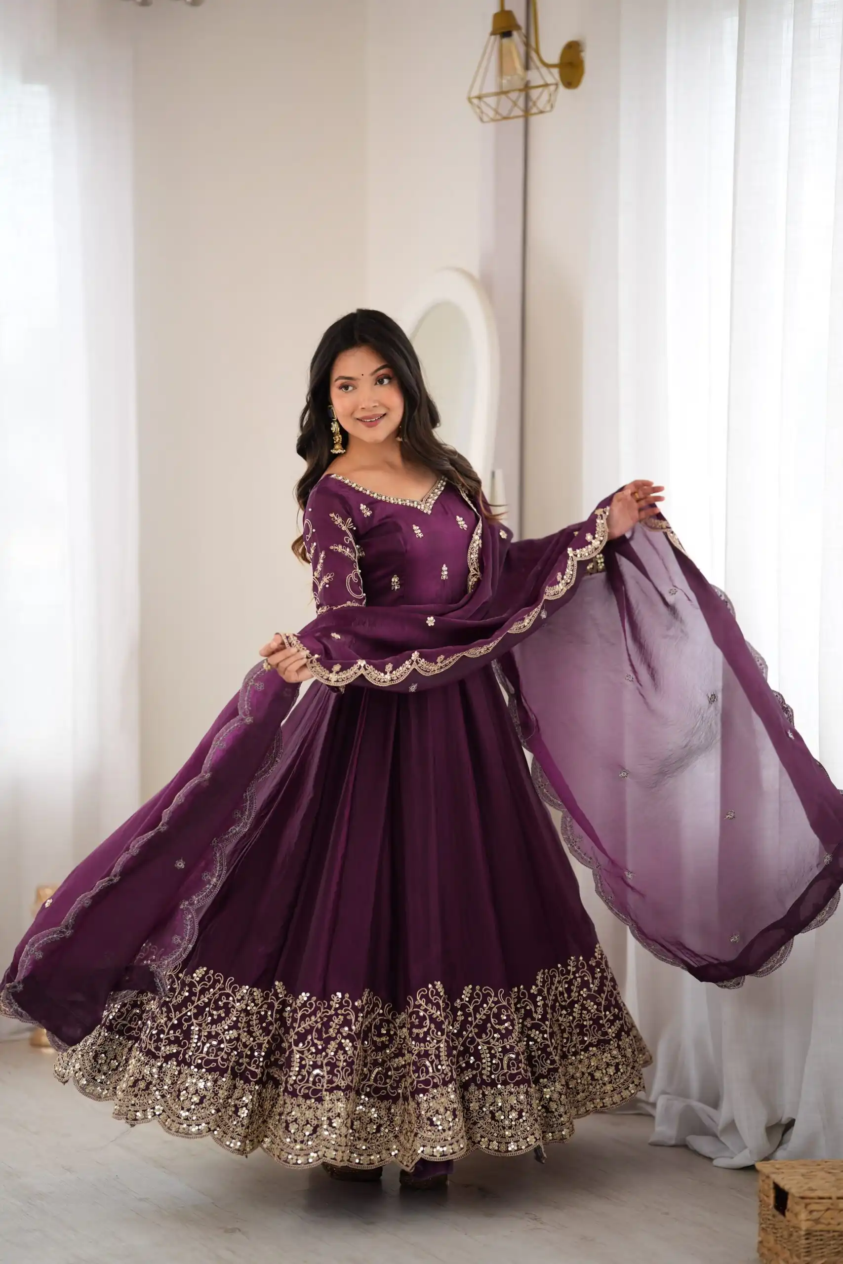 Fancy Wine Fendy Silk Embroider Sequins Work Gown - Image 10