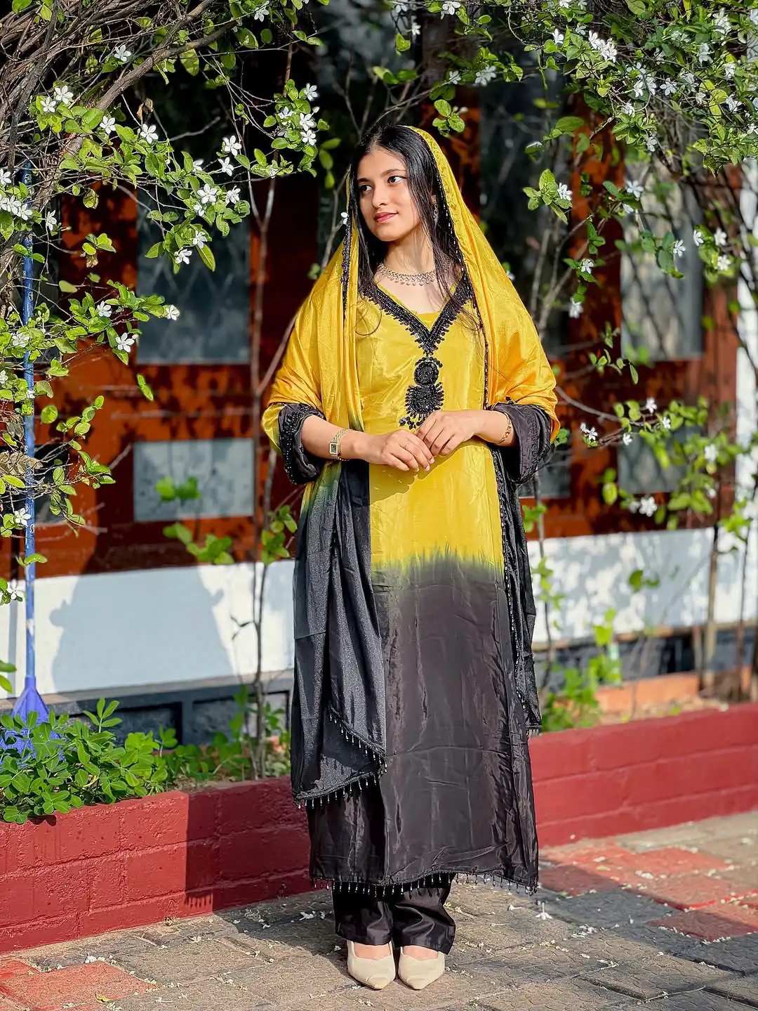 Fancy Yellow French Crep Silk Embroidery Salwar Suit - Image 2