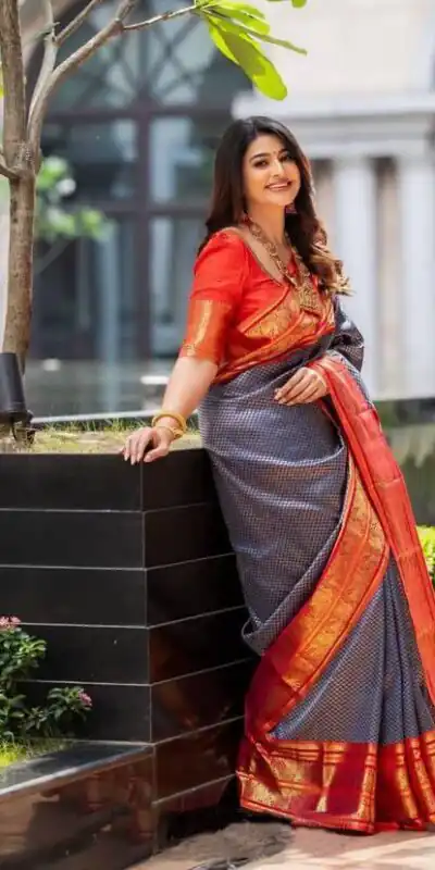 Fantastic Grey Soft Lichi Silk Lace Work Saree