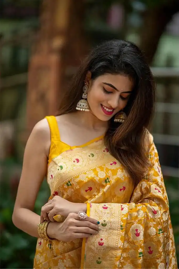 Fantastic Yellow Soft Lichi Silk Lace Work Saree - Image 6