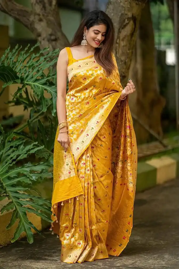 Fantastic Yellow Soft Lichi Silk Lace Work Saree - Image 5