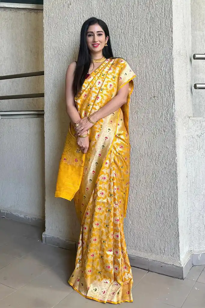Fantastic Yellow Soft Lichi Silk Lace Work Saree - Image 3