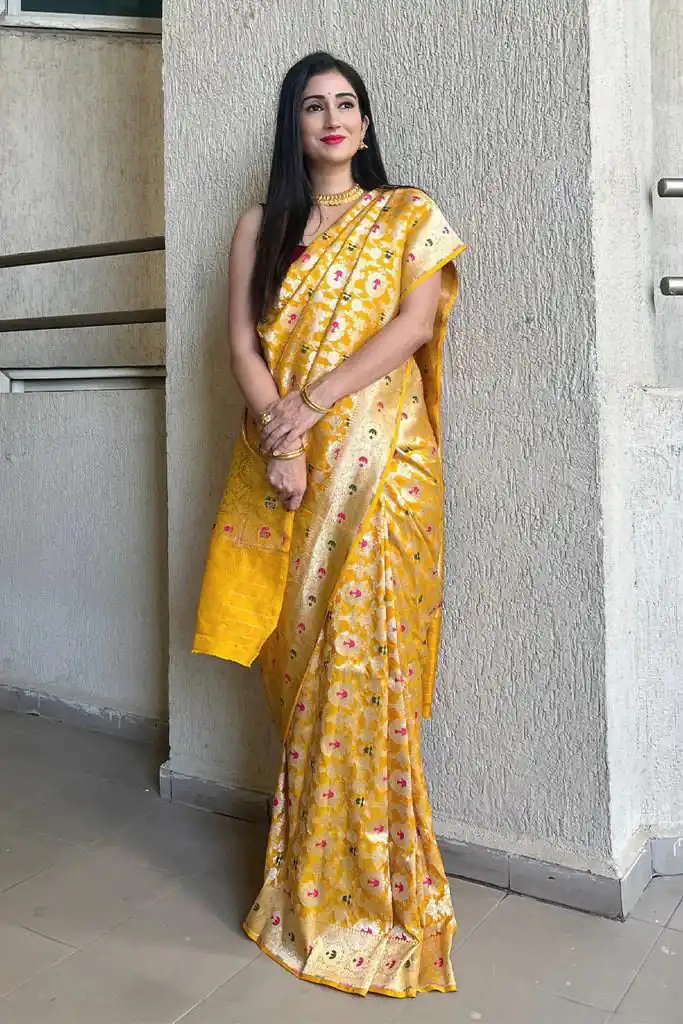 Fantastic Yellow Soft Lichi Silk Lace Work Saree - Image 2