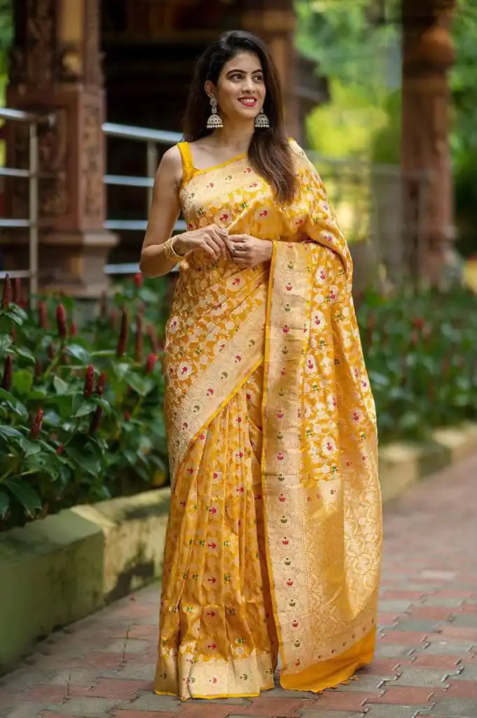 Fantastic Yellow Soft Lichi Silk Lace Work Saree
