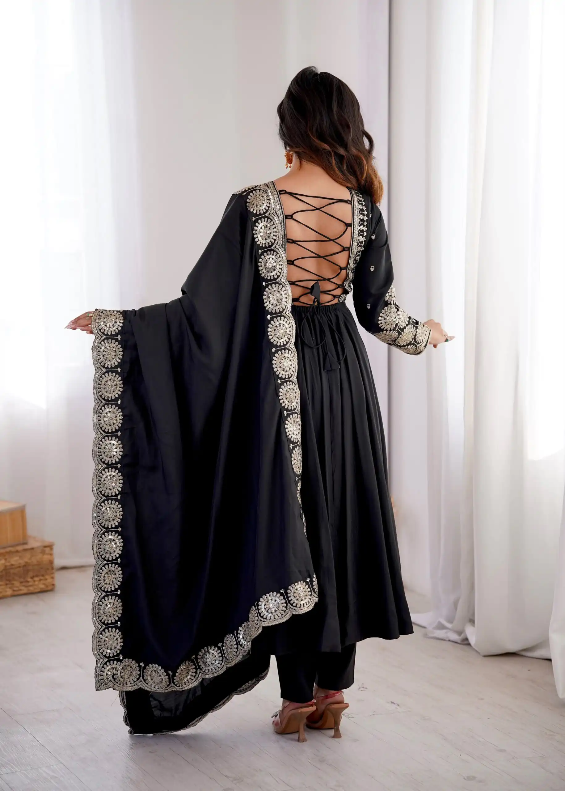 Glowing Black Roman Silk Embroidery Work Anarkali Suit - Image 9