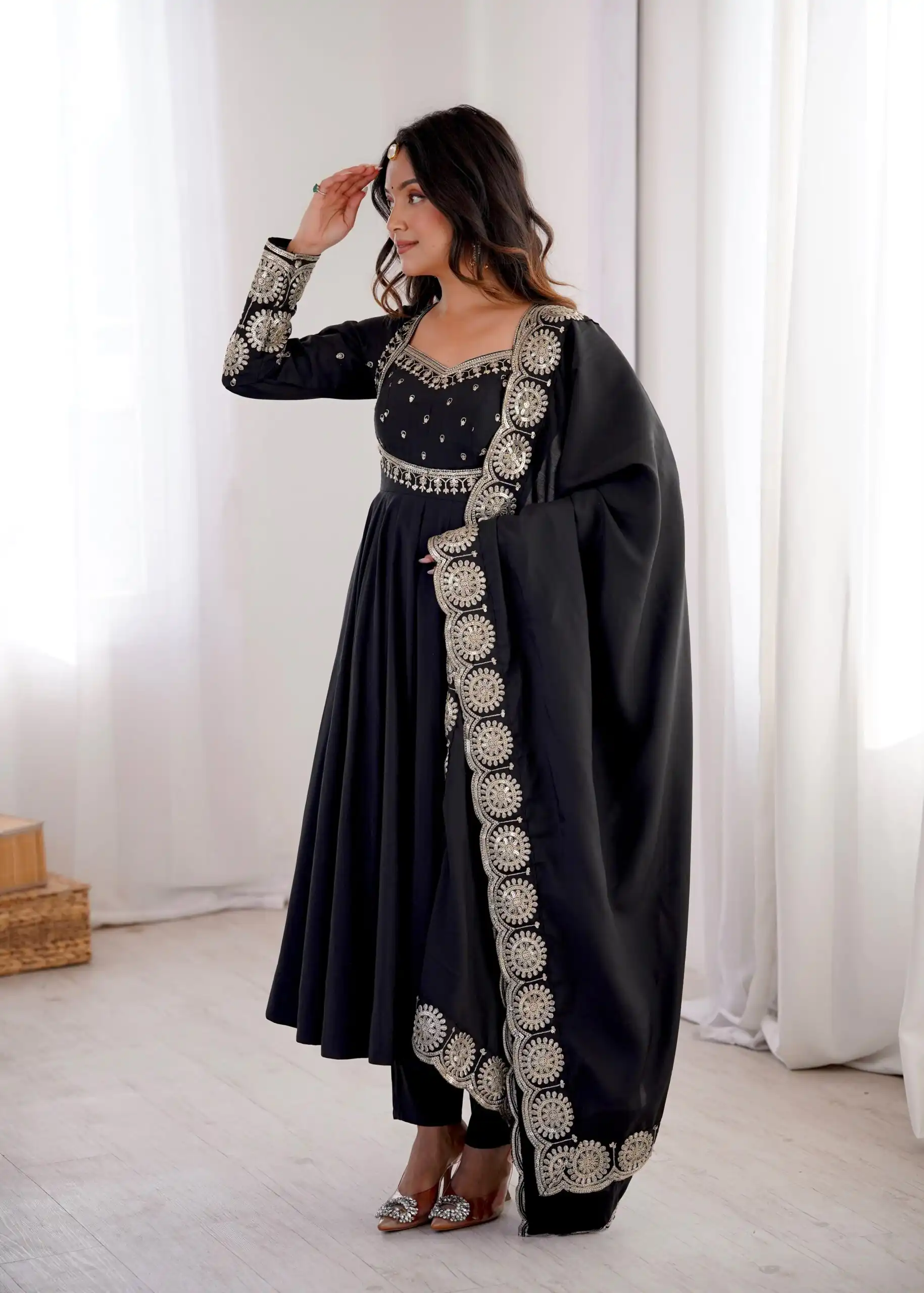 Glowing Black Roman Silk Embroidery Work Anarkali Suit - Image 5