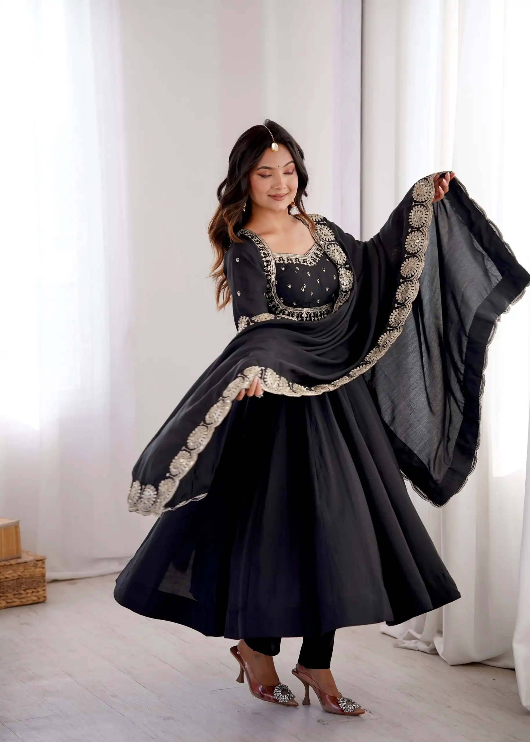 Glowing Black Roman Silk Embroidery Work Anarkali Suit - Image 4