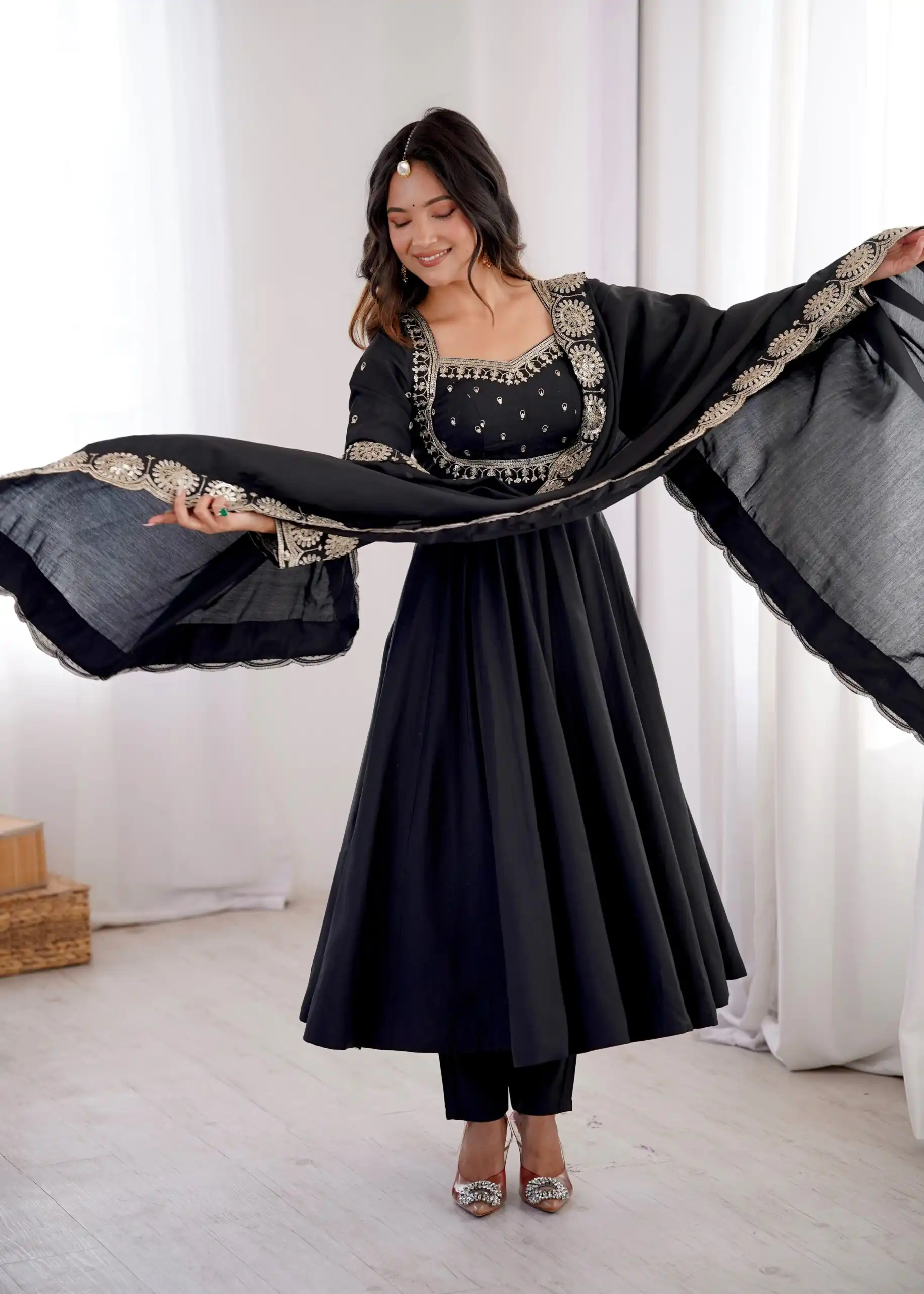 Glowing Black Roman Silk Embroidery Work Anarkali Suit - Image 3