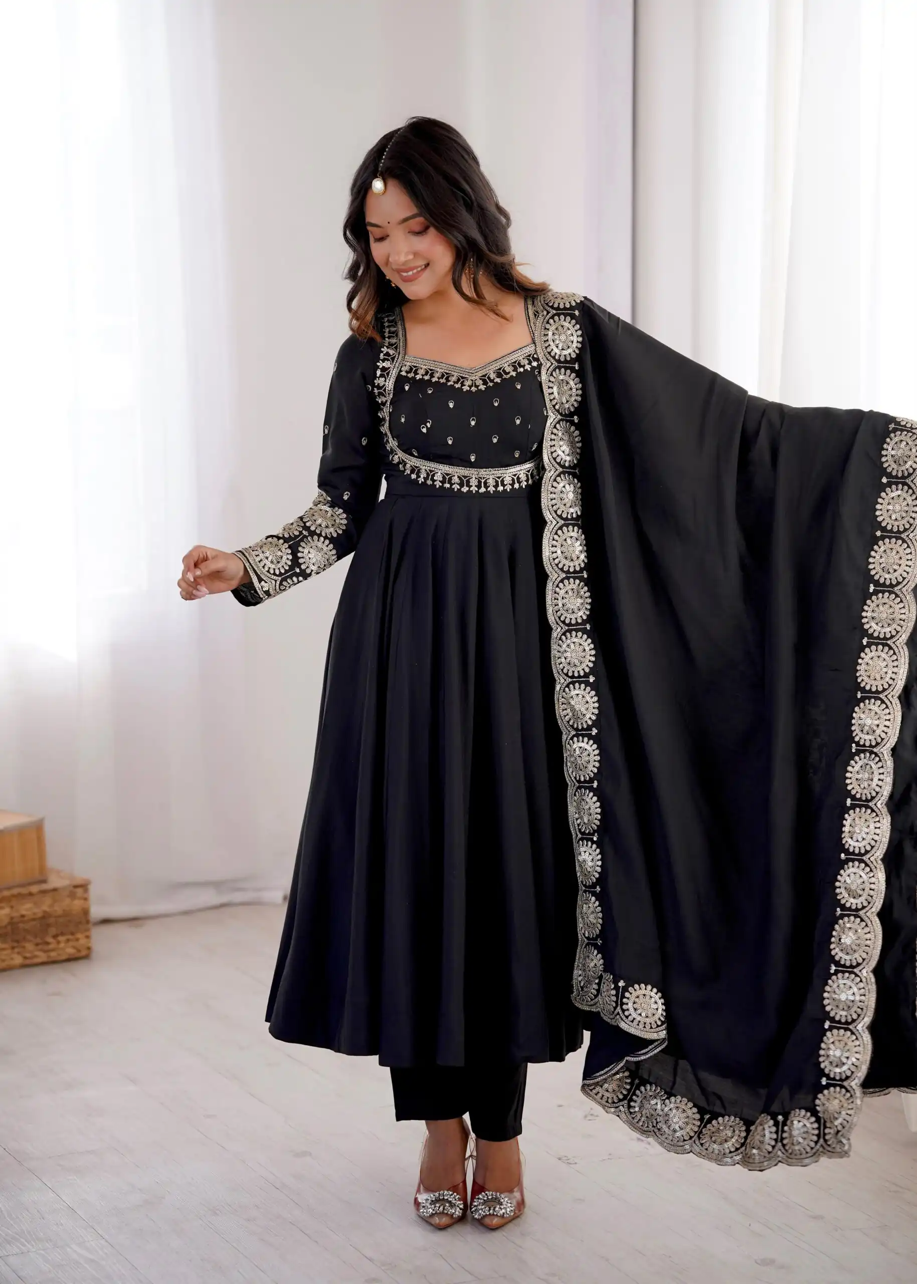 Glowing Black Roman Silk Embroidery Work Anarkali Suit - Image 2