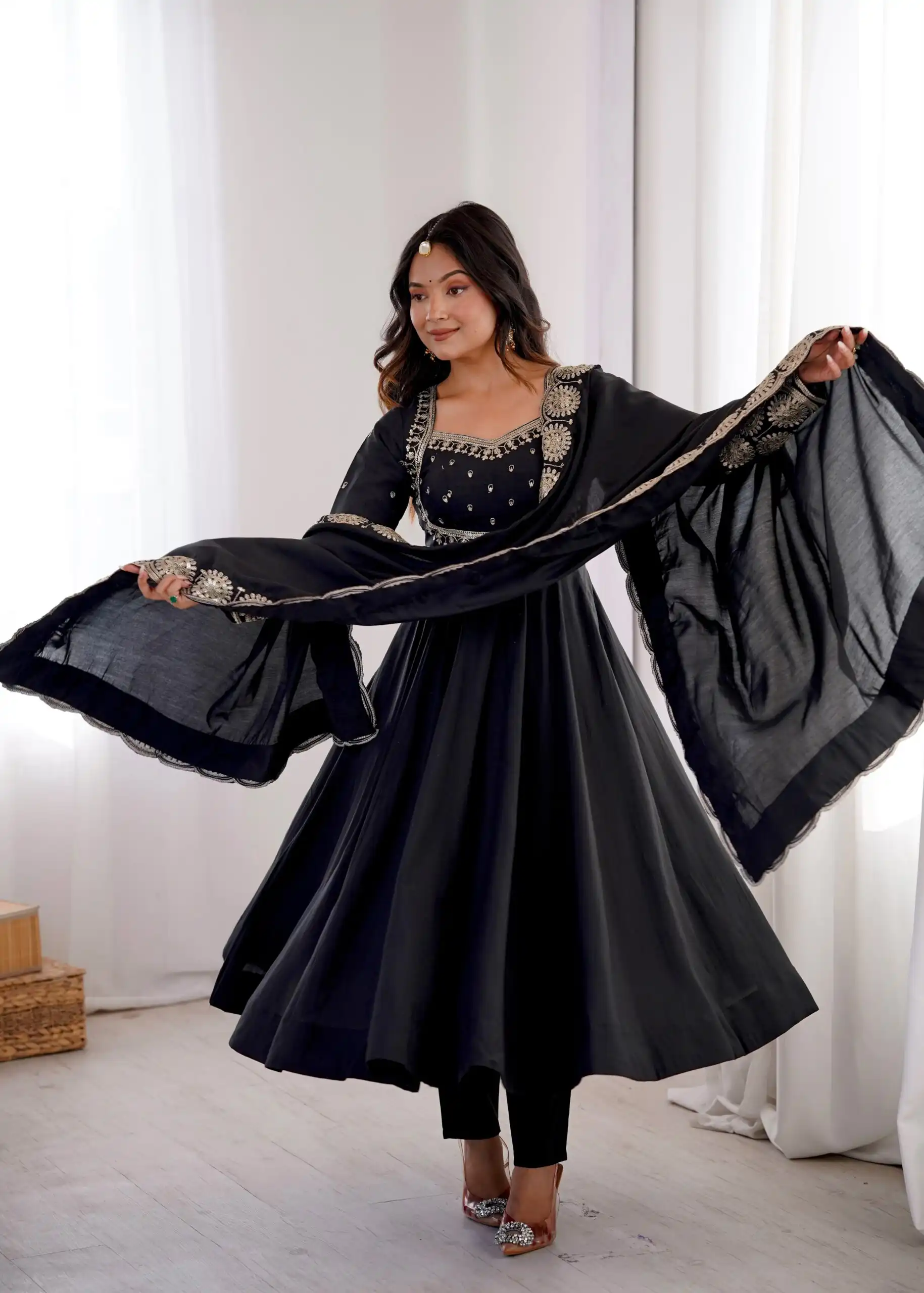 Glowing Black Roman Silk Embroidery Work Anarkali Suit