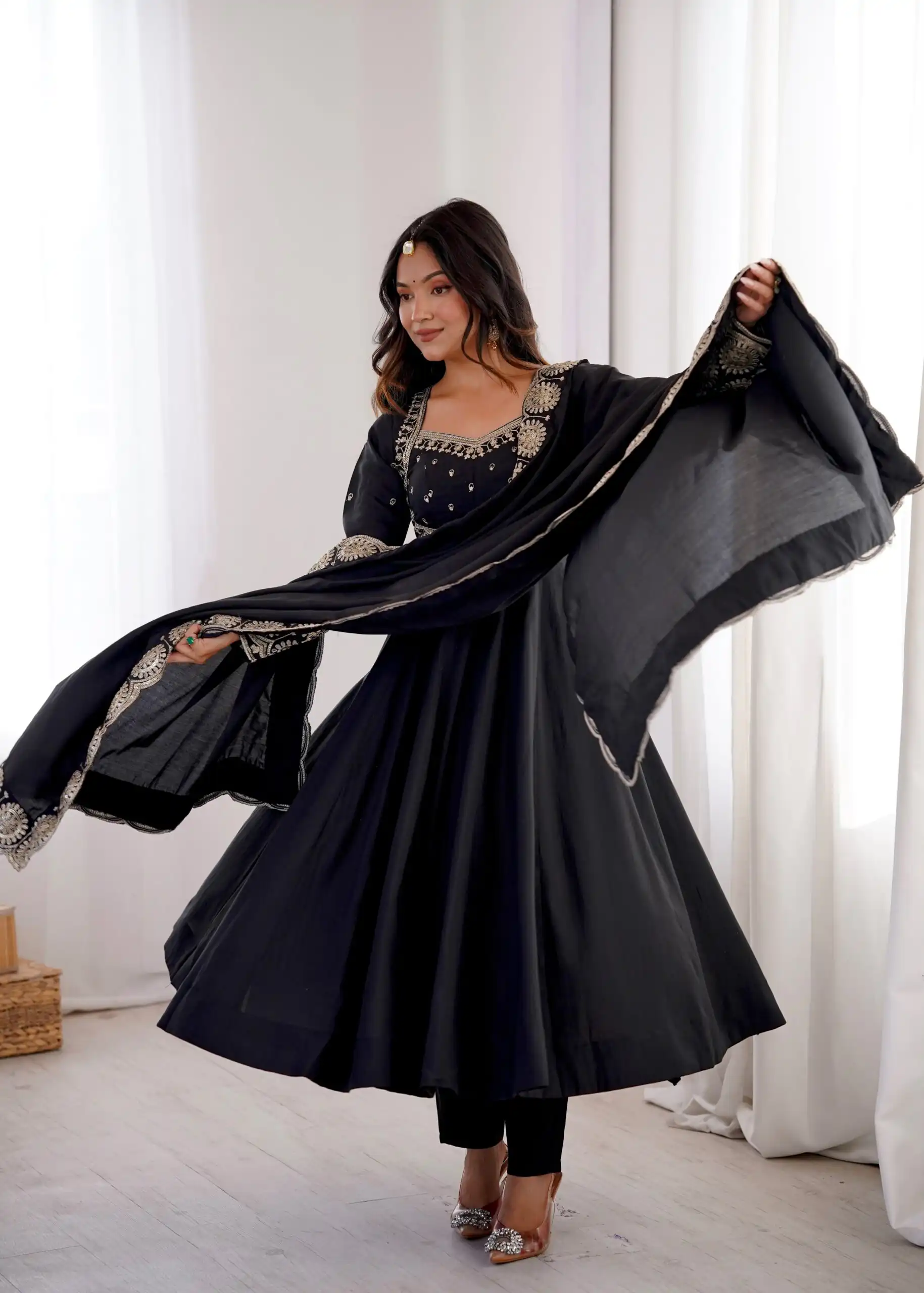 Glowing Black Roman Silk Embroidery Work Anarkali Suit - Image 10