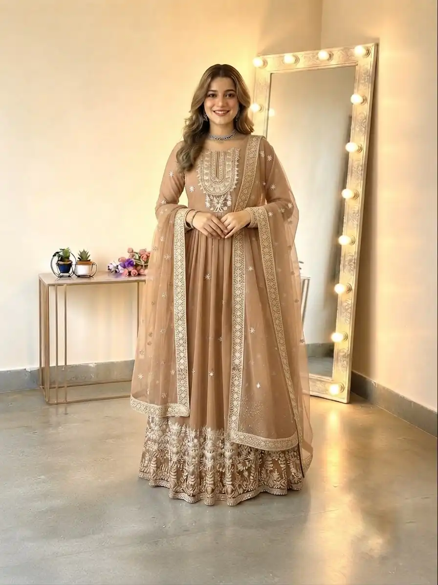 Glowing Chiku Georgette Embroidery Sequins Work Gown