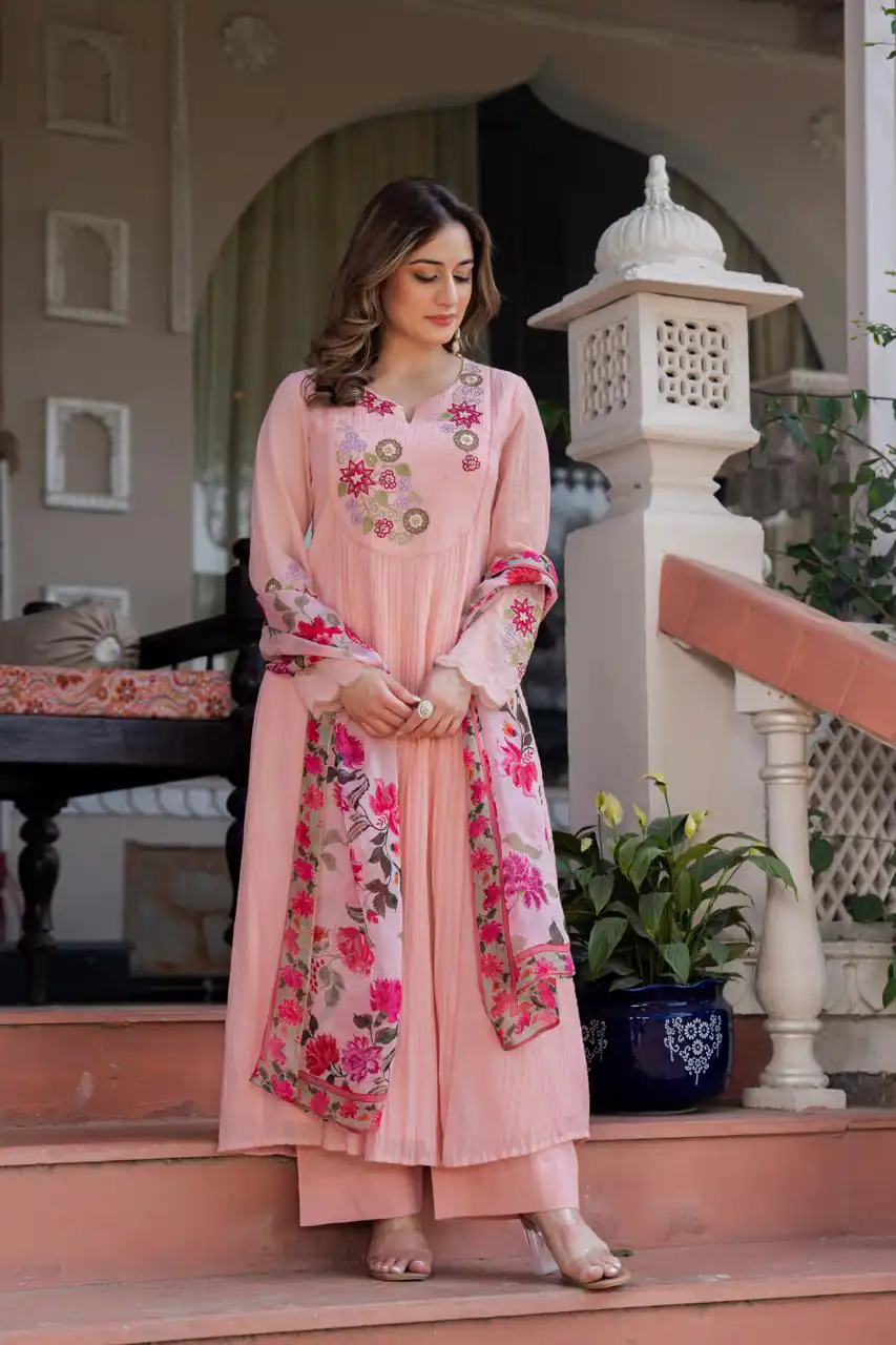 Glowing Peach Mal Chanderi Embroider Work Salwar Suit - Image 3