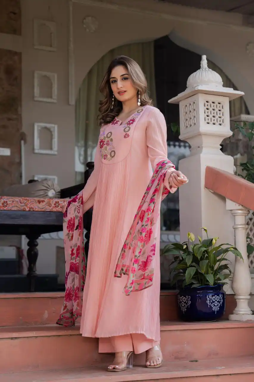 Glowing Peach Mal Chanderi Embroider Work Salwar Suit
