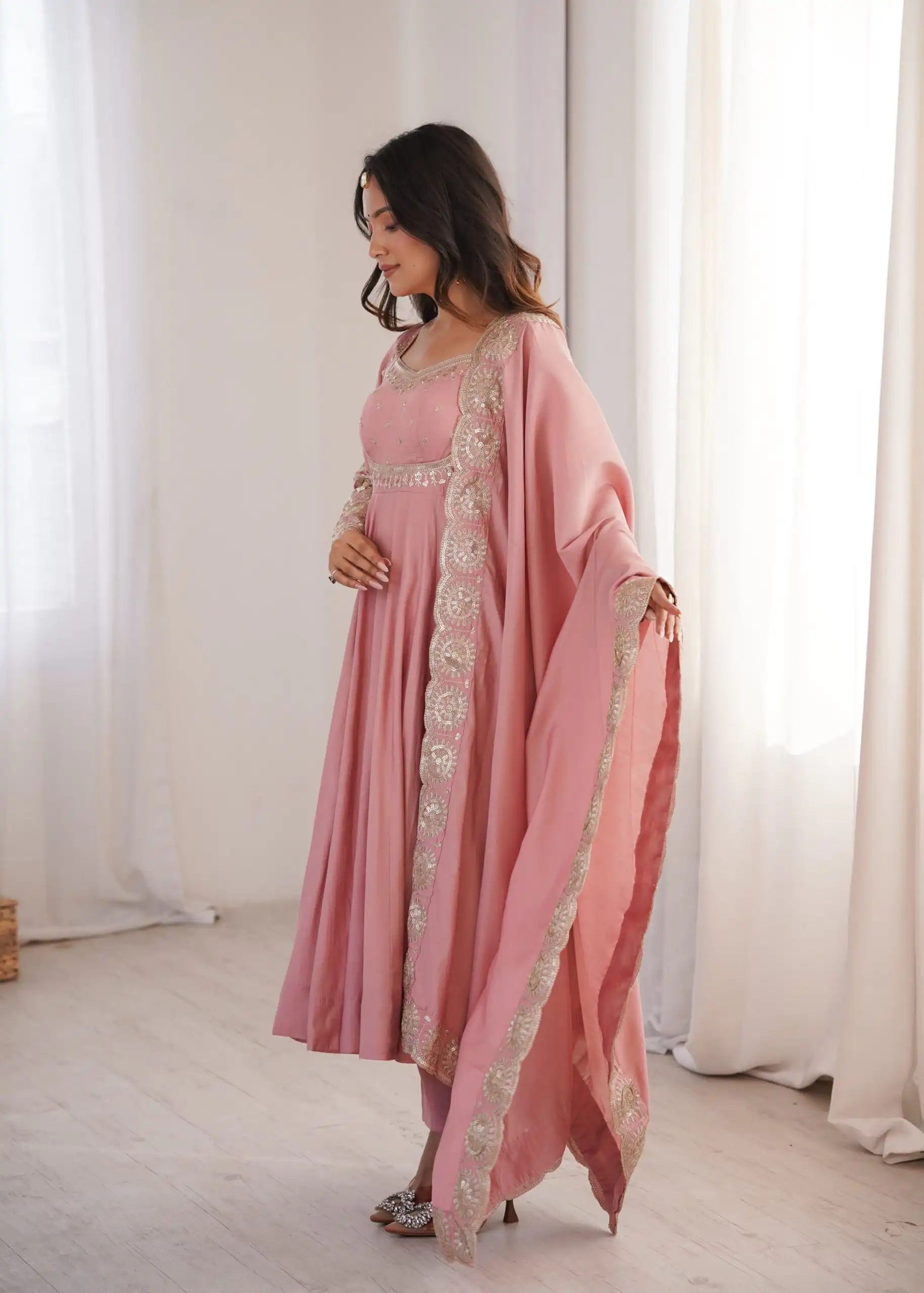 Glowing Pink Roman Silk Embroidery Work Anarkali Suit - Image 9