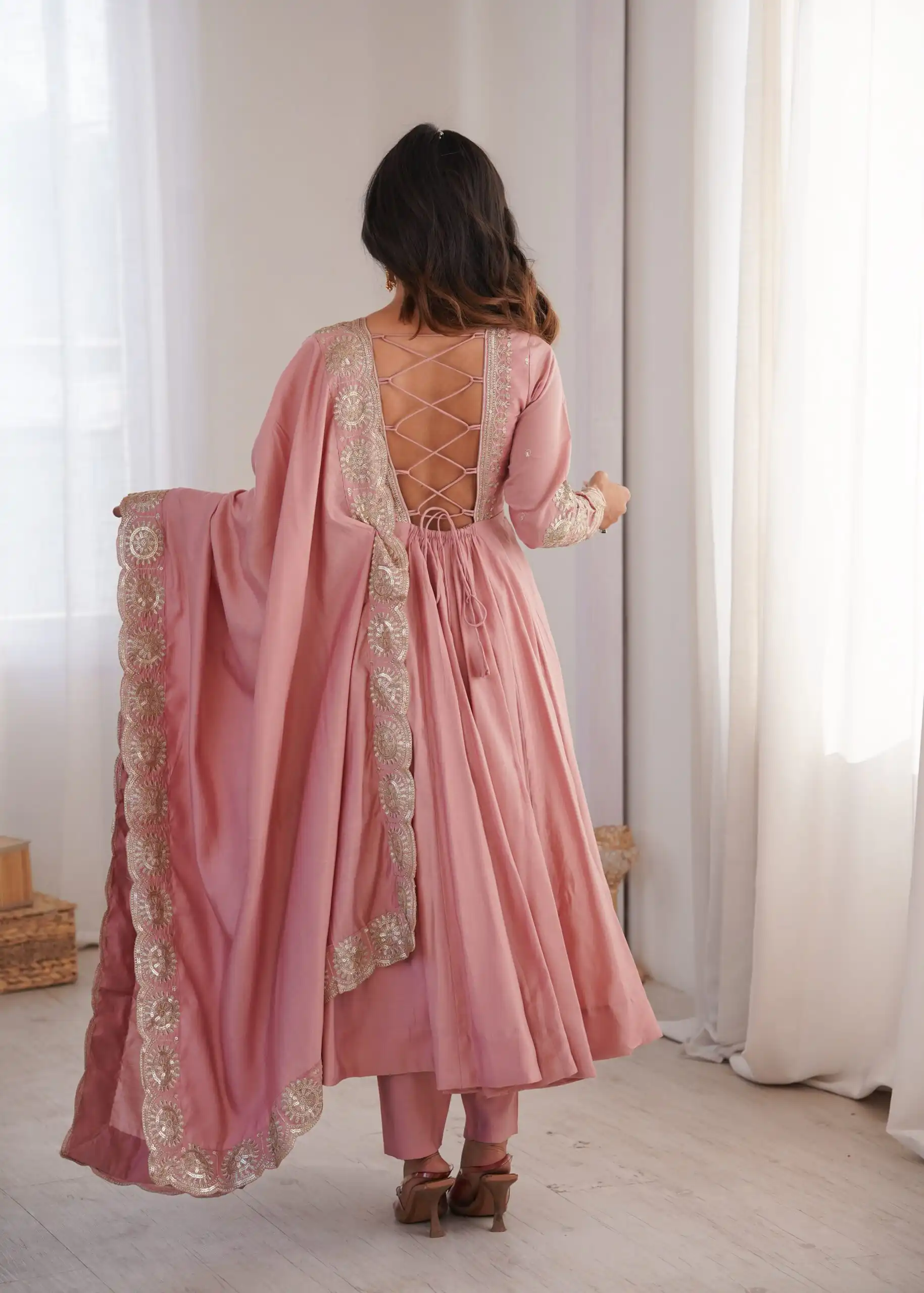 Glowing Pink Roman Silk Embroidery Work Anarkali Suit - Image 12
