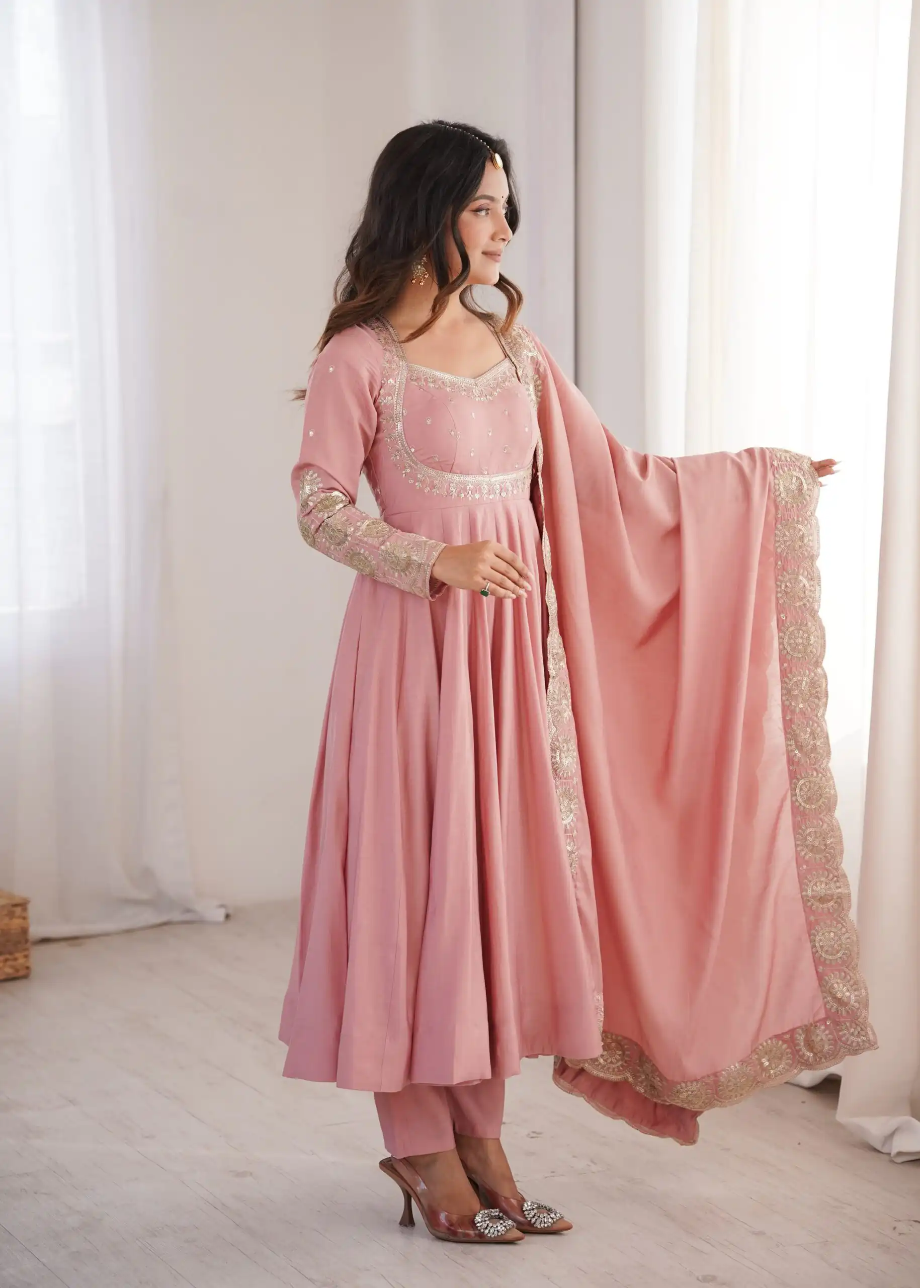 Glowing Pink Roman Silk Embroidery Work Anarkali Suit - Image 11