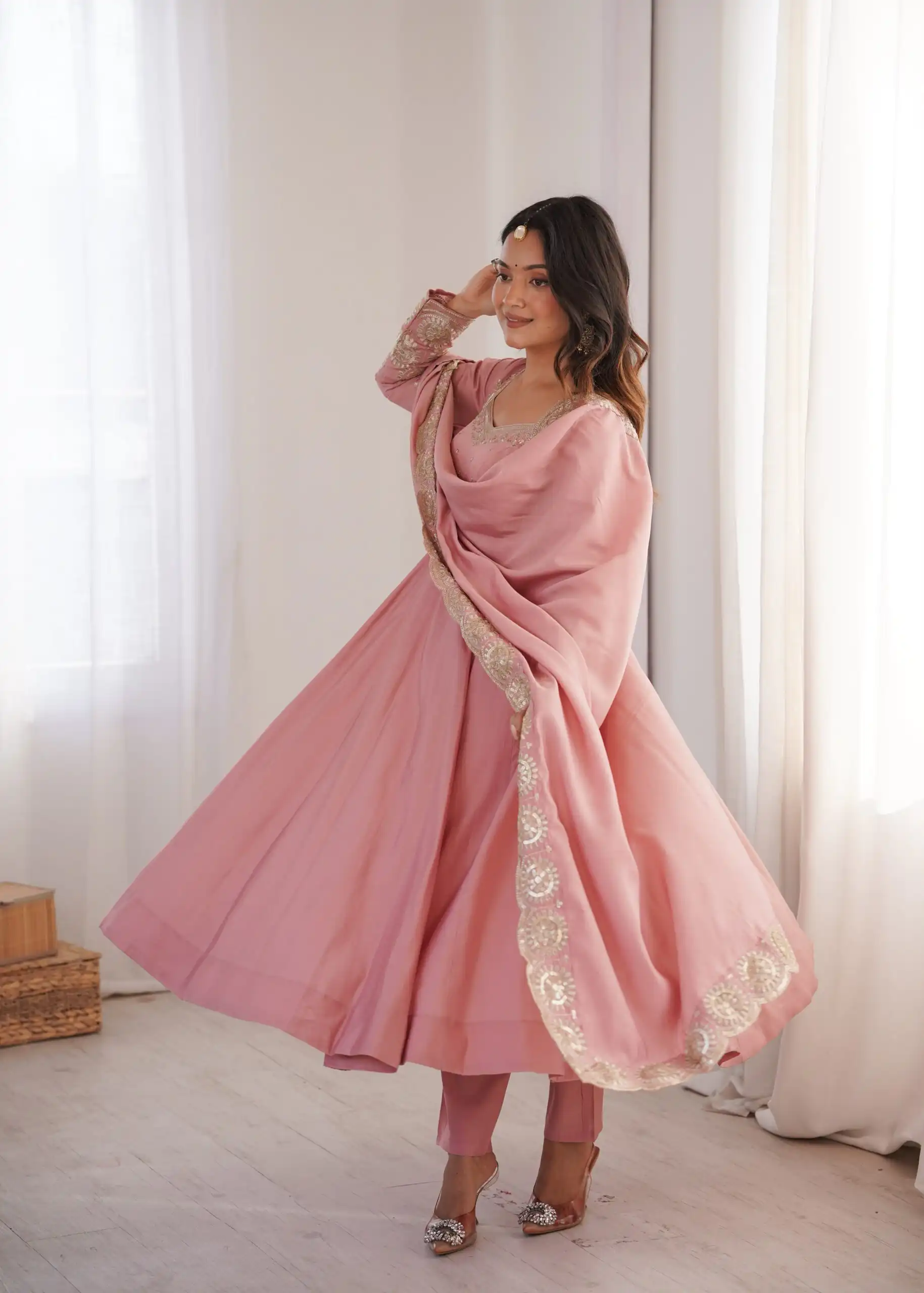 Glowing Pink Roman Silk Embroidery Work Anarkali Suit - Image 6