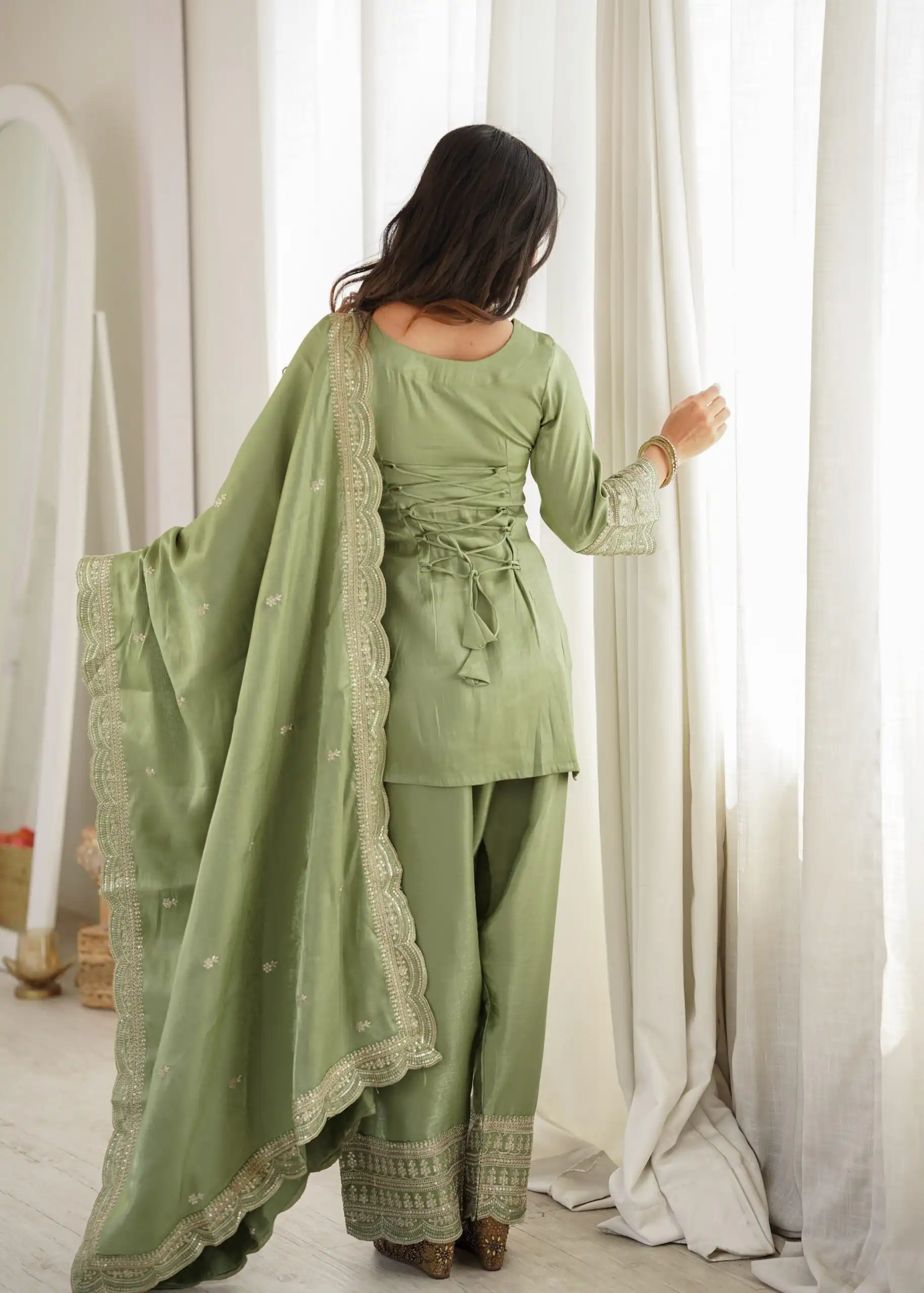 Glowing Pista Glass Roman Silk Sequins Work Salwar Suit - Image 6