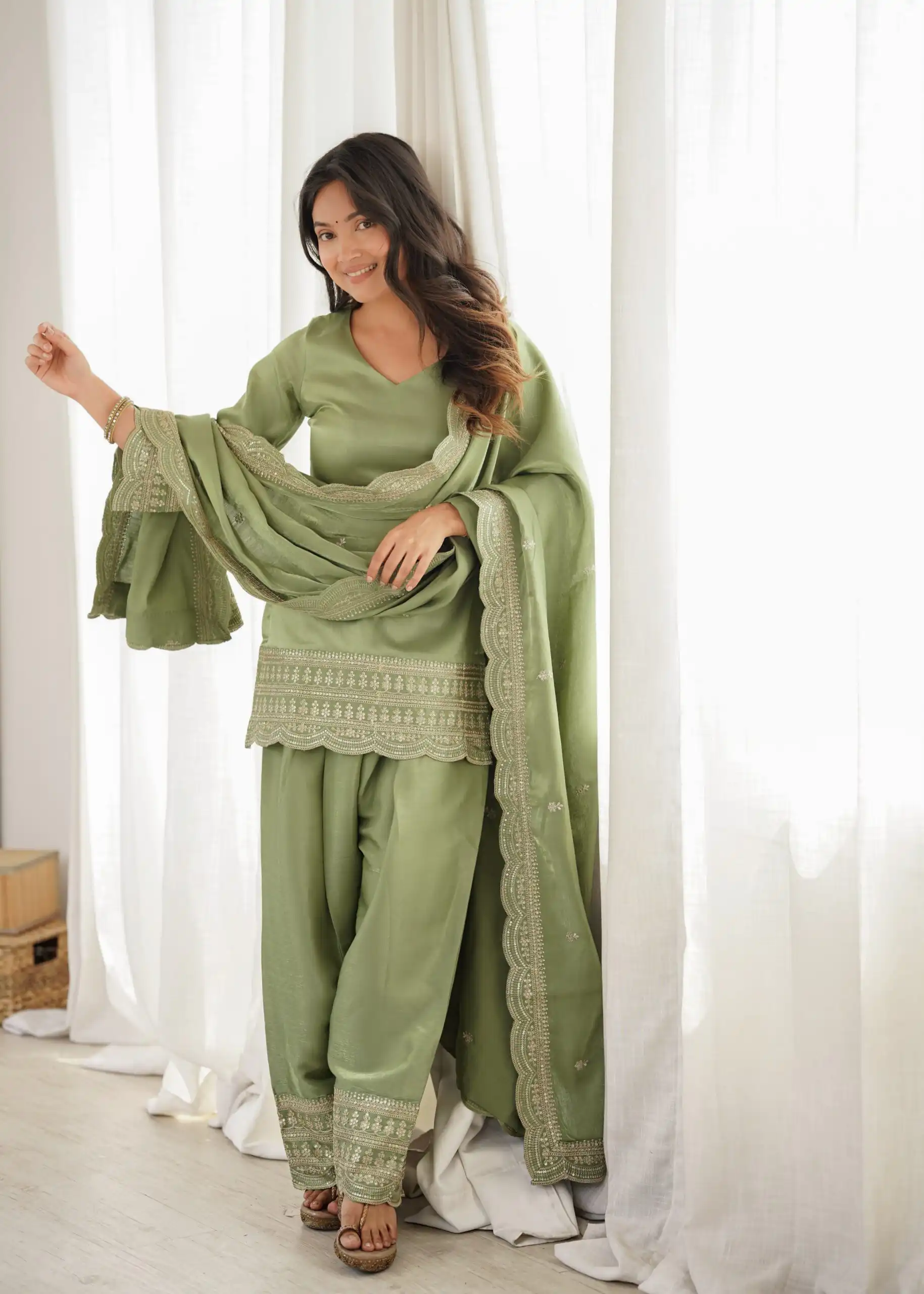 Glowing Pista Glass Roman Silk Sequins Work Salwar Suit - Image 5