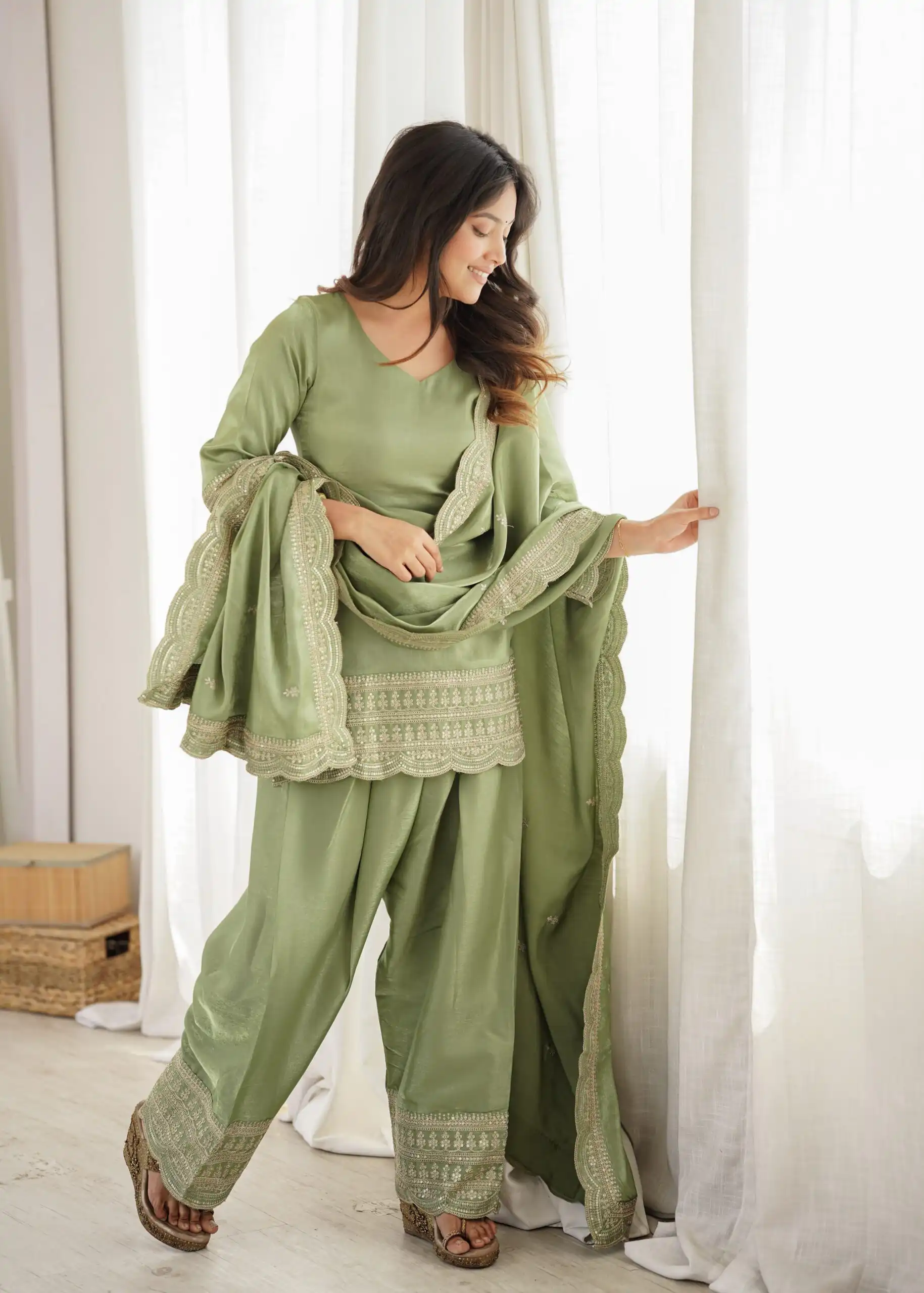 Glowing Pista Glass Roman Silk Sequins Work Salwar Suit - Image 4