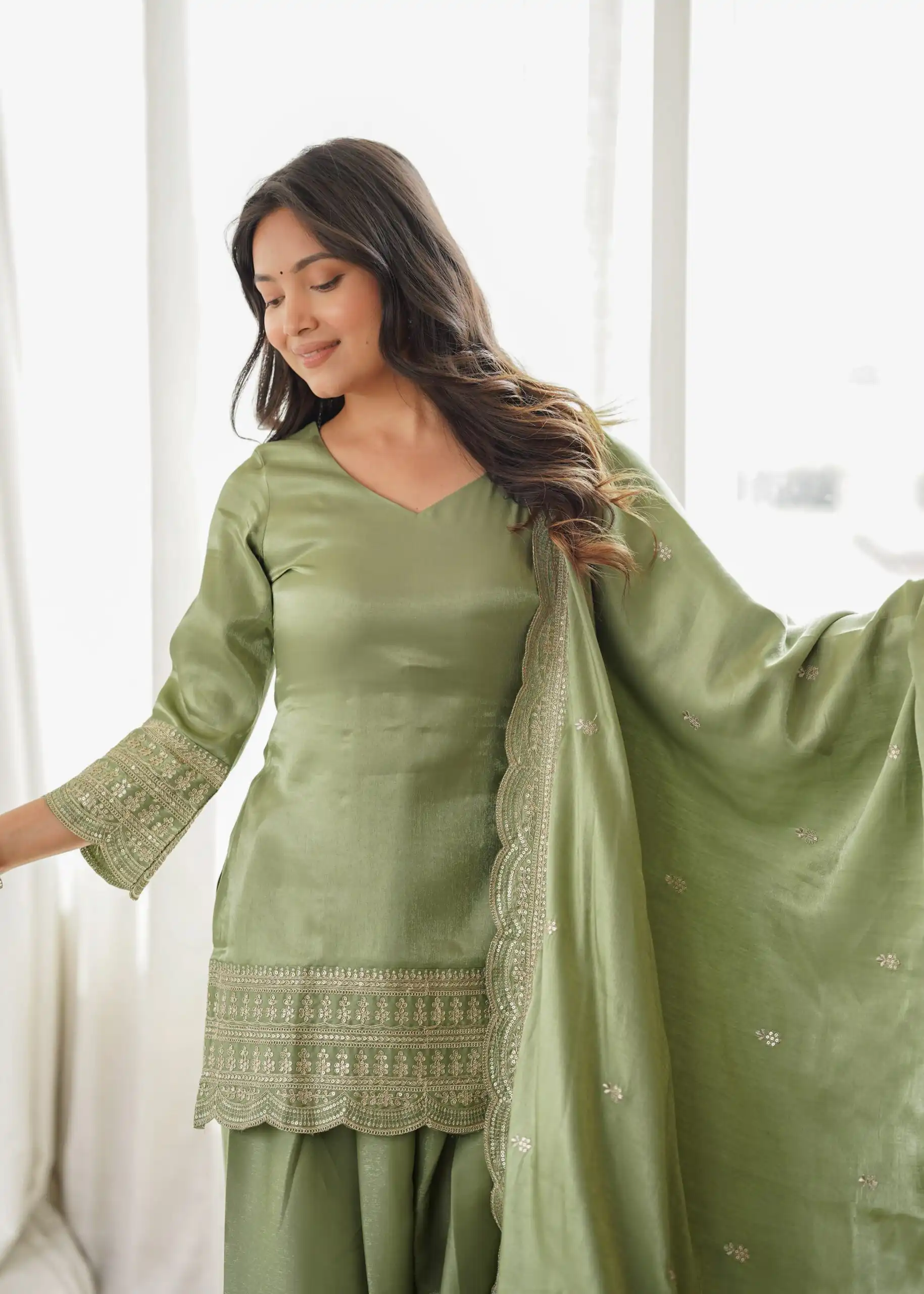 Glowing Pista Glass Roman Silk Sequins Work Salwar Suit - Image 3