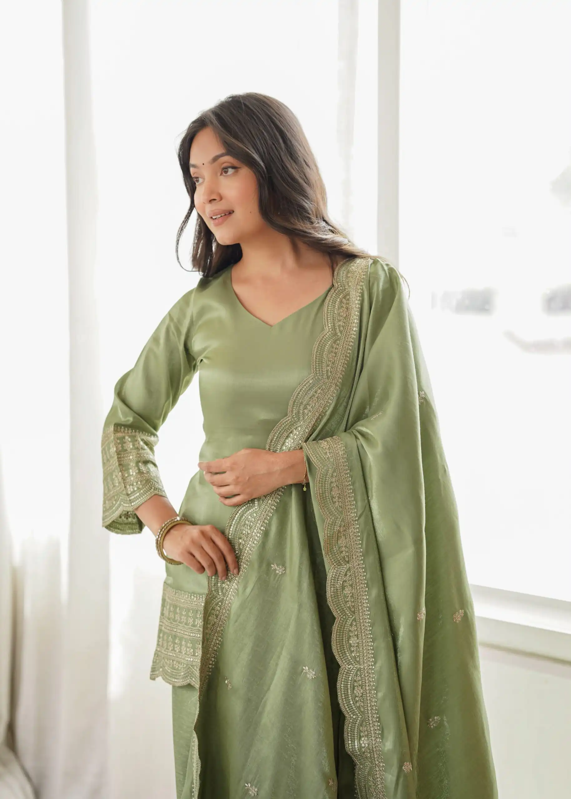 Glowing Pista Glass Roman Silk Sequins Work Salwar Suit - Image 2