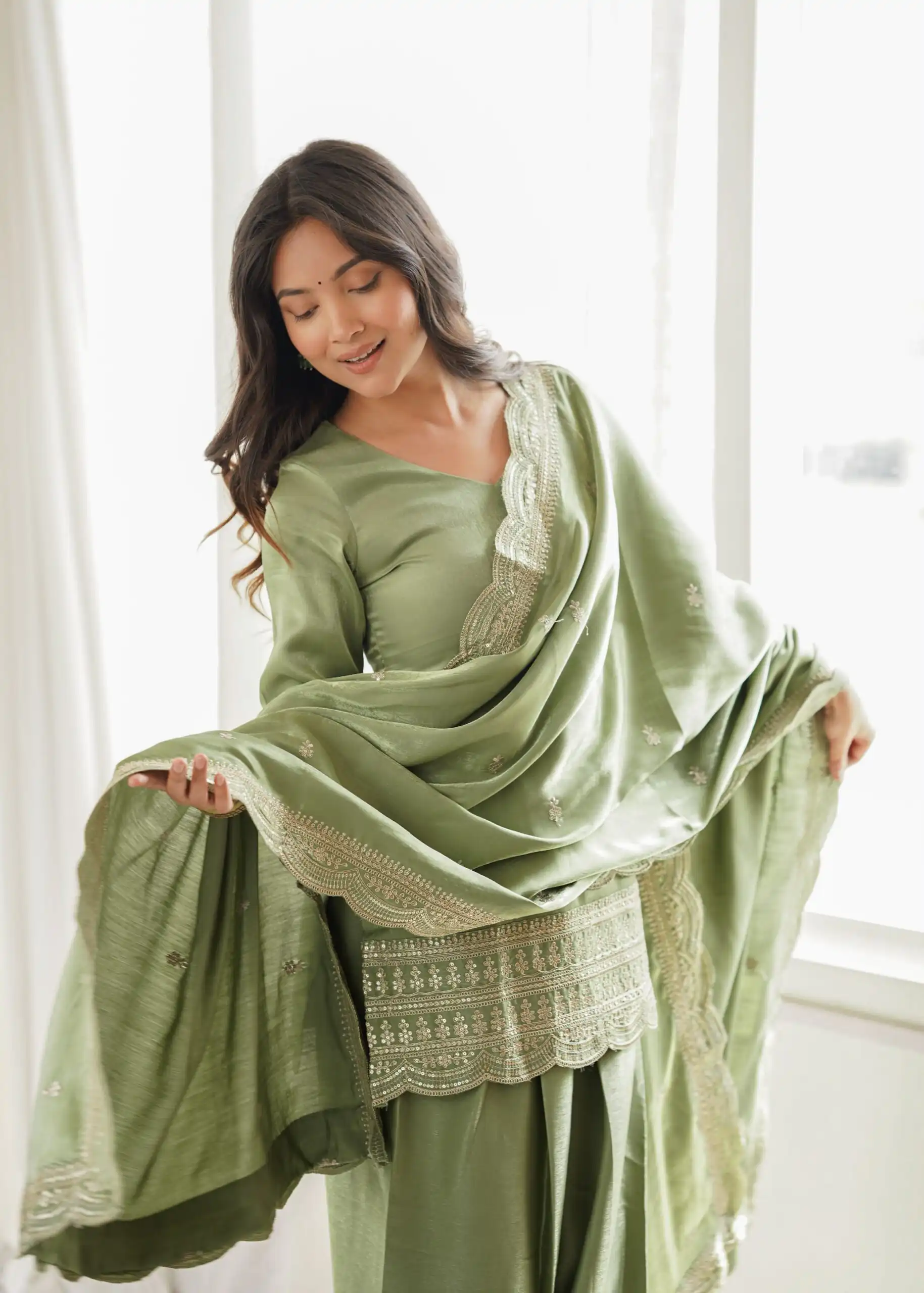Glowing Pista Glass Roman Silk Sequins Work Salwar Suit