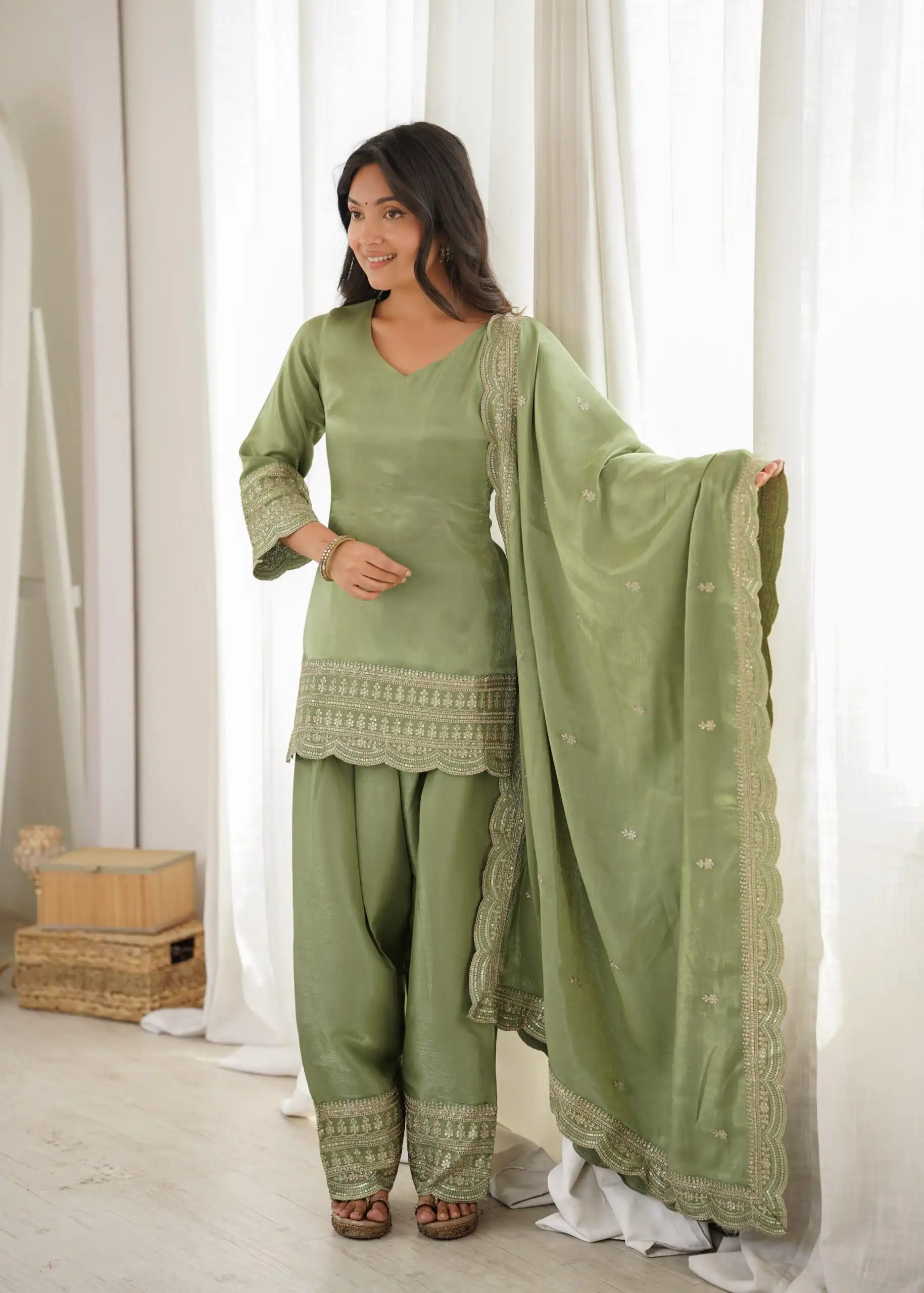 Glowing Pista Glass Roman Silk Sequins Work Salwar Suit - Image 8