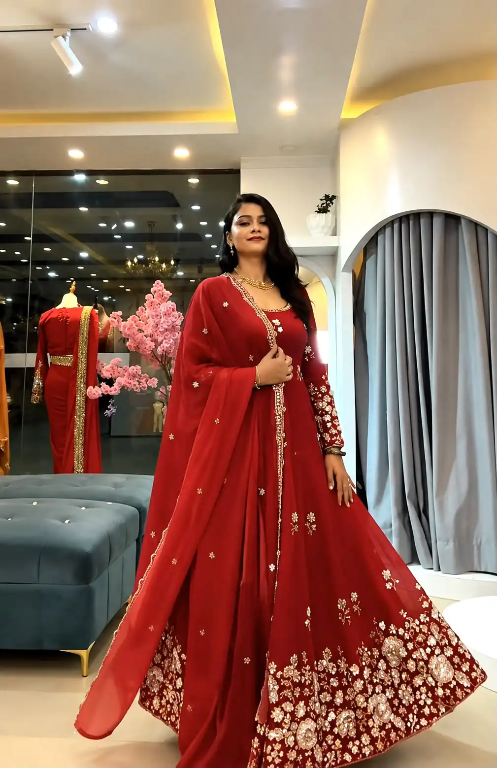 Glowing Red Fendy Silk Sequins Work Gown - Image 2