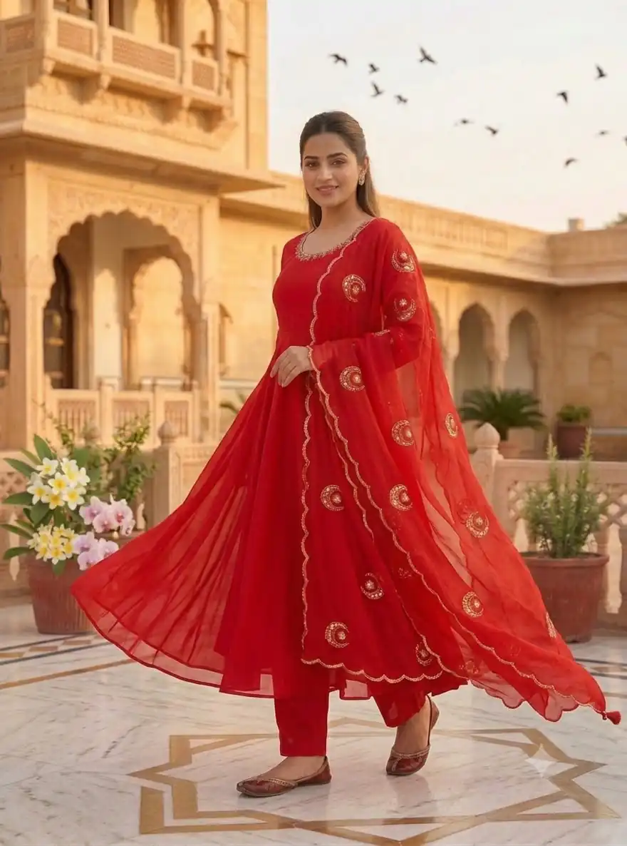 Glowing Red Fox Georgette Embroidery Moti Work Gown - Image 3