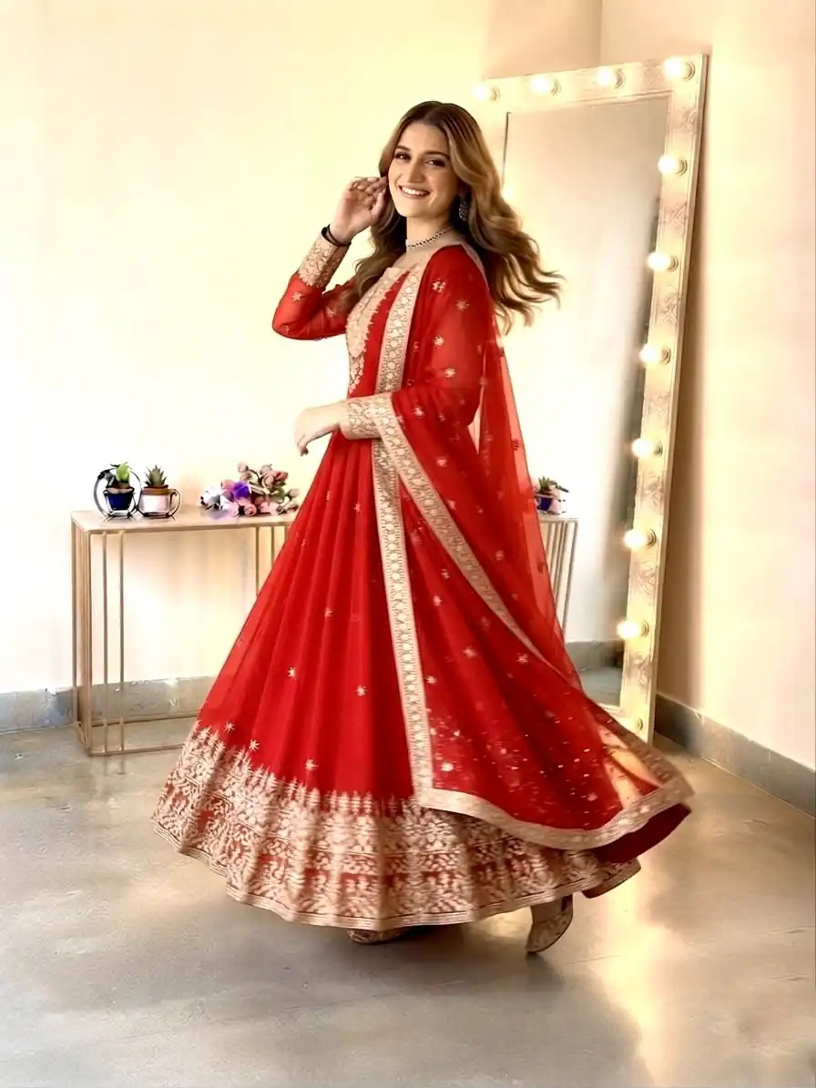 Glowing Red Georgette Embroidery Sequins Work Gown - Image 4