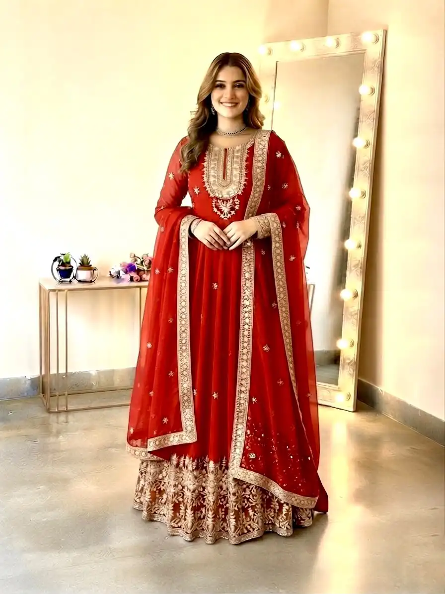 Glowing Red Georgette Embroidery Sequins Work Gown - Image 3