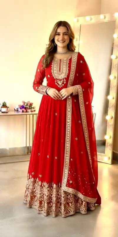 Glowing Red Georgette Embroidery Sequins Work Gown