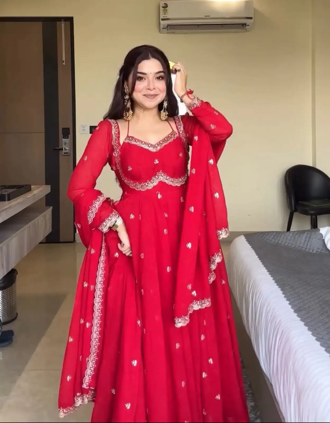 Glowing Red Georgette Sequence Work Gown - Image 2