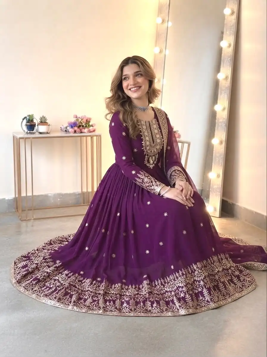 Glowing Wine Georgette Embroidery Sequins Work Gown - Image 6