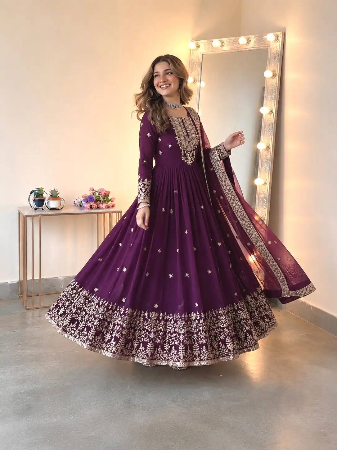 Glowing Wine Georgette Embroidery Sequins Work Gown - Image 5