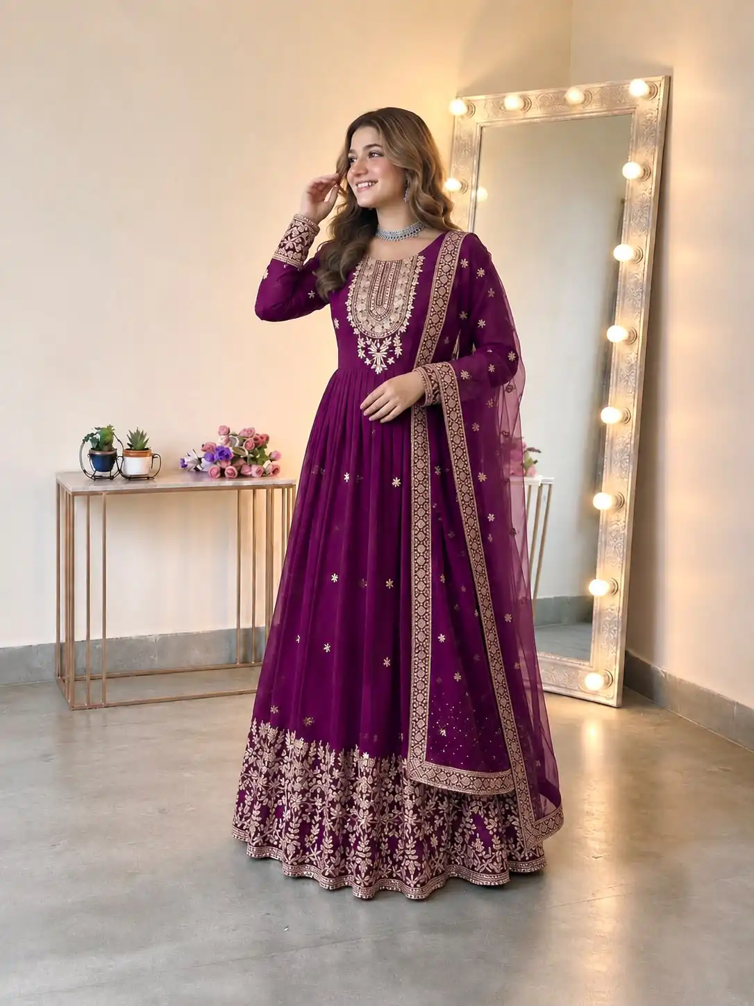 Glowing Wine Georgette Embroidery Sequins Work Gown - Image 4