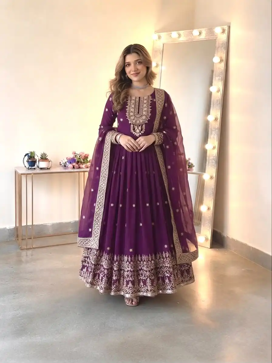 Glowing Wine Georgette Embroidery Sequins Work Gown - Image 3