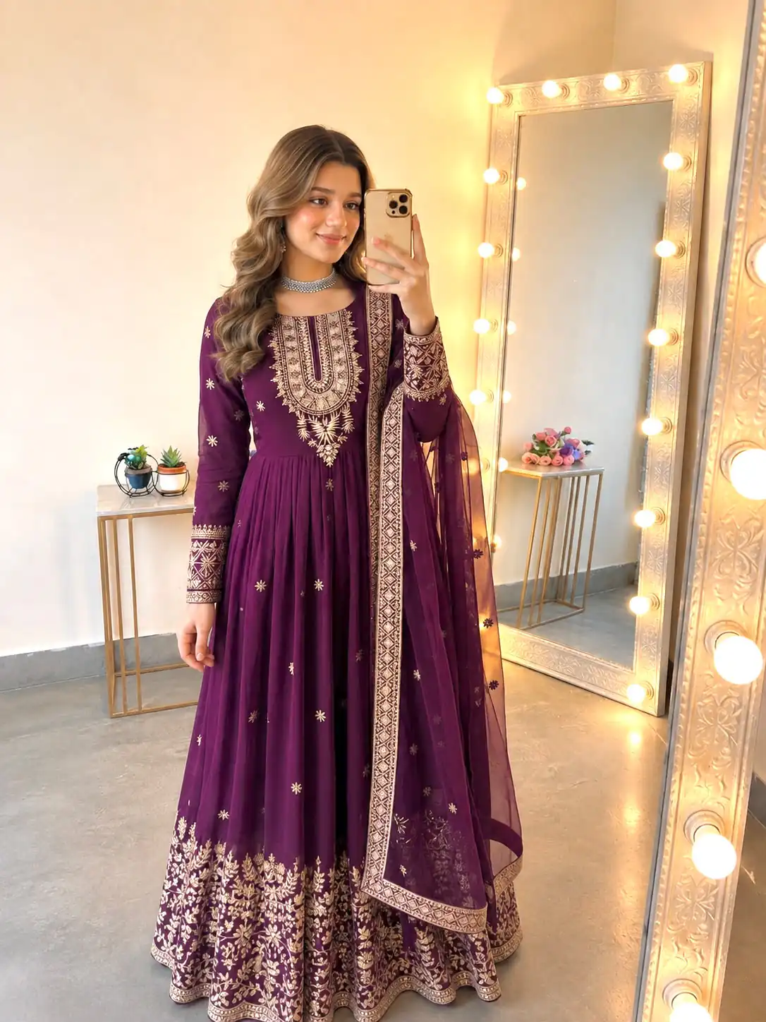 Glowing Wine Georgette Embroidery Sequins Work Gown - Image 2