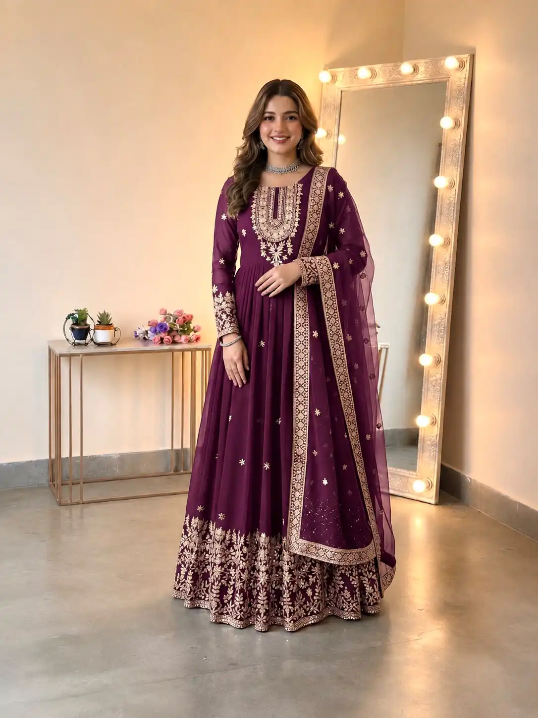 Glowing Wine Georgette Embroidery Sequins Work Gown