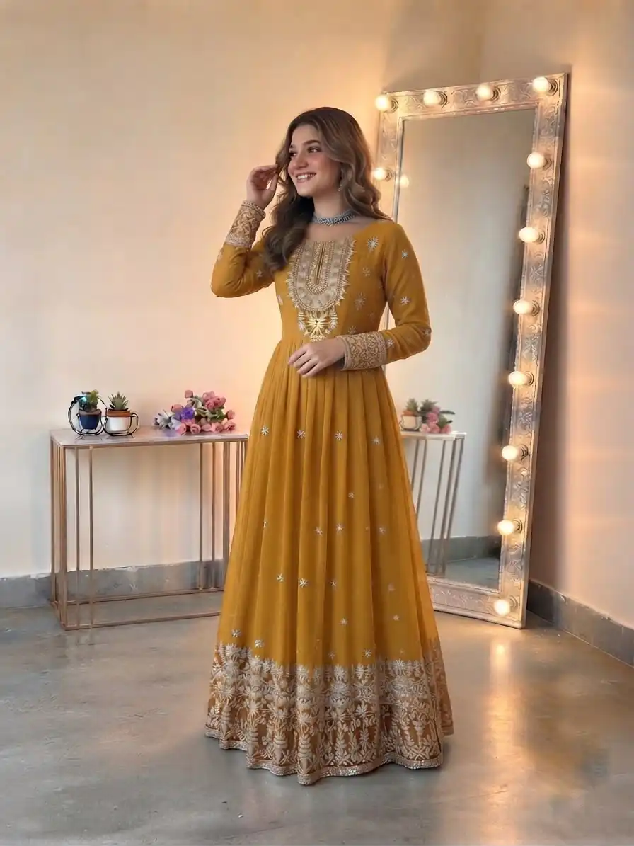 Glowing Yellow Georgette Embroidery Sequins Work Gown - Image 3