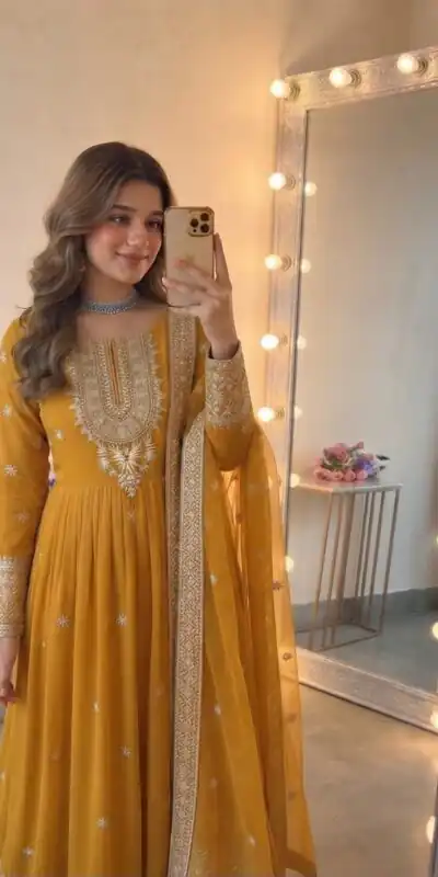 Alternative view of Glowing Yellow Georgette Embroidery Sequins Work Gown
