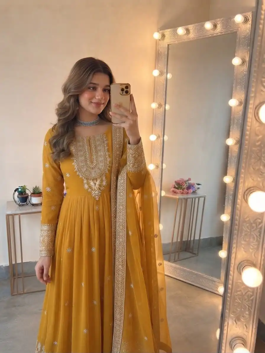 Glowing Yellow Georgette Embroidery Sequins Work Gown - Image 2