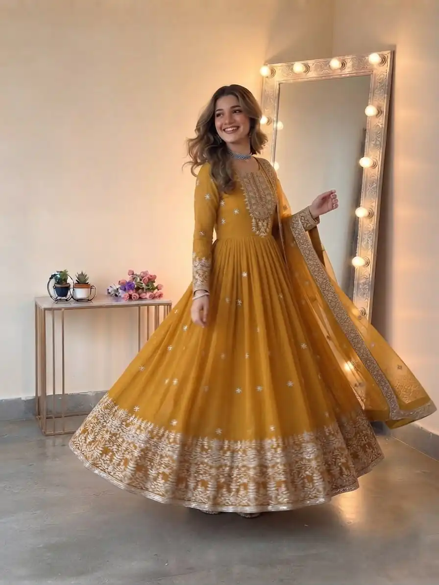 Glowing Yellow Georgette Embroidery Sequins Work Gown