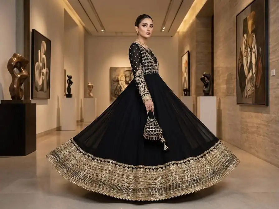 Gorgeous Black Georgette Embroidery Work Gown