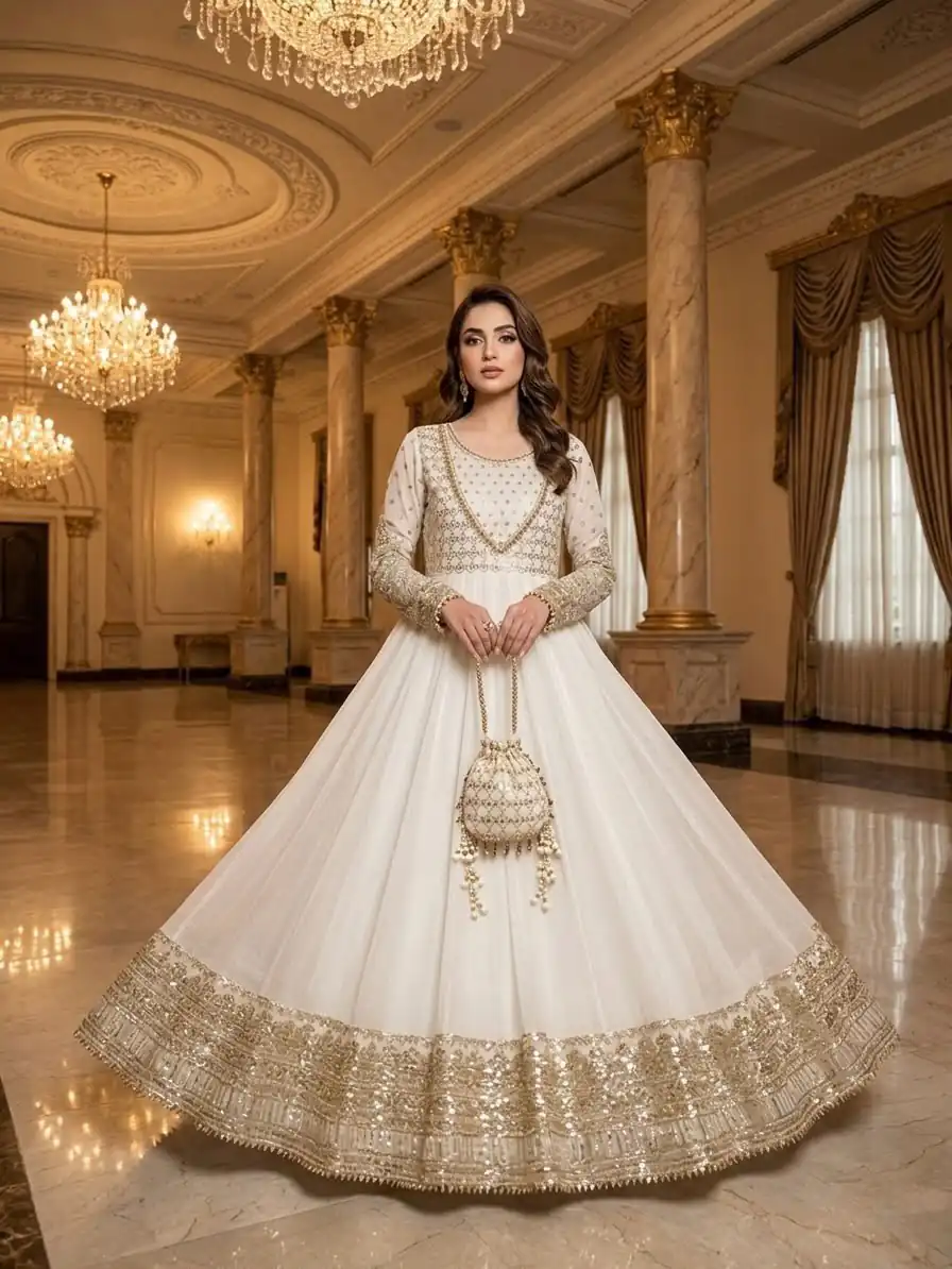 Gorgeous White Georgette Embroidery Work Gown